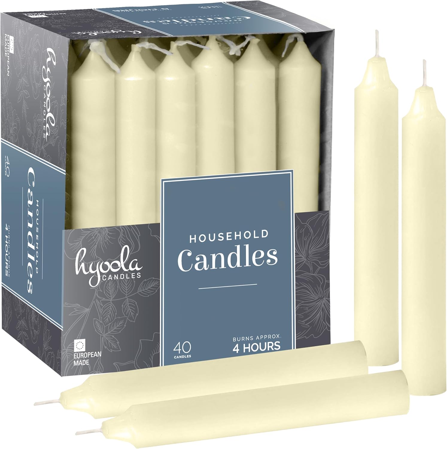 Hyoola Taper Candles - 5 Inch Ivory Dripless, Unscented Dinner Candle - 40 Pack European Made Candles 4 Hour Burn Time