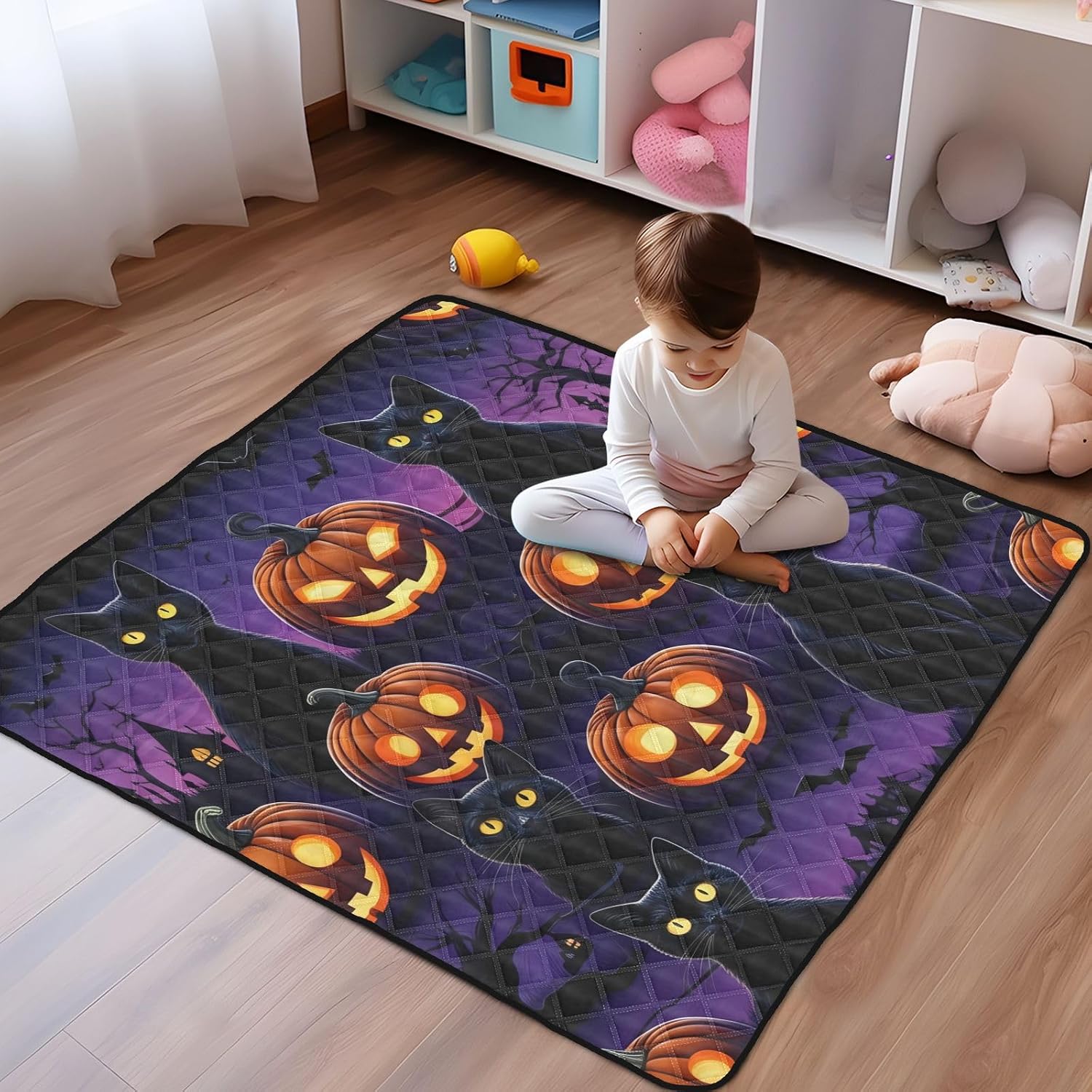 Halloween Pumpkin & Black Cat Baby Play Mat, 50“ X 50” Washable Folding Crawling Mat, Baby Floor Mat, Soft, Non-Slip