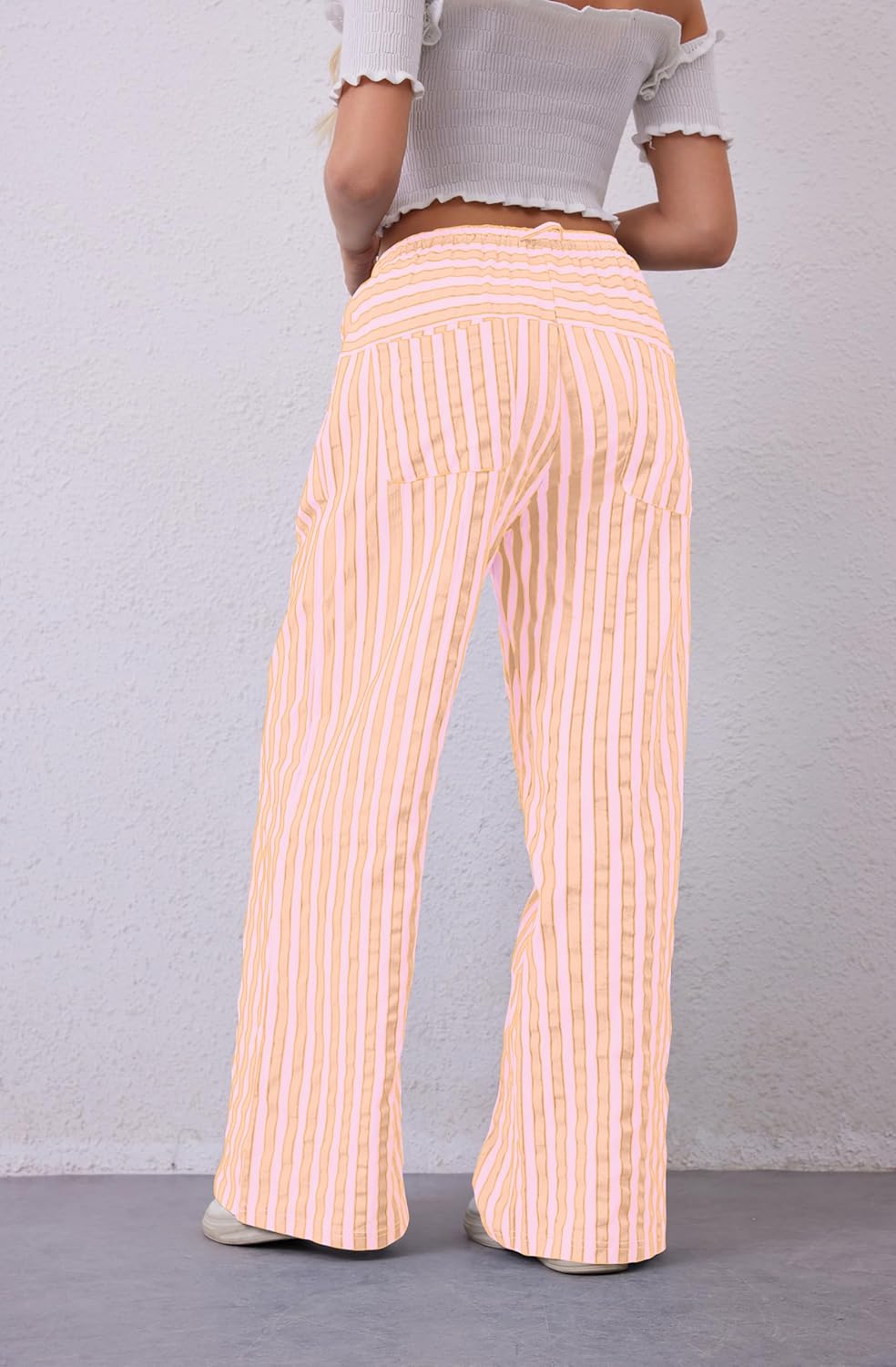 Women Drawstring Stripe Wide Leg Casual Trousers Striped Low Rise Casual Loose Lounge Pants with Pockets - Image 2