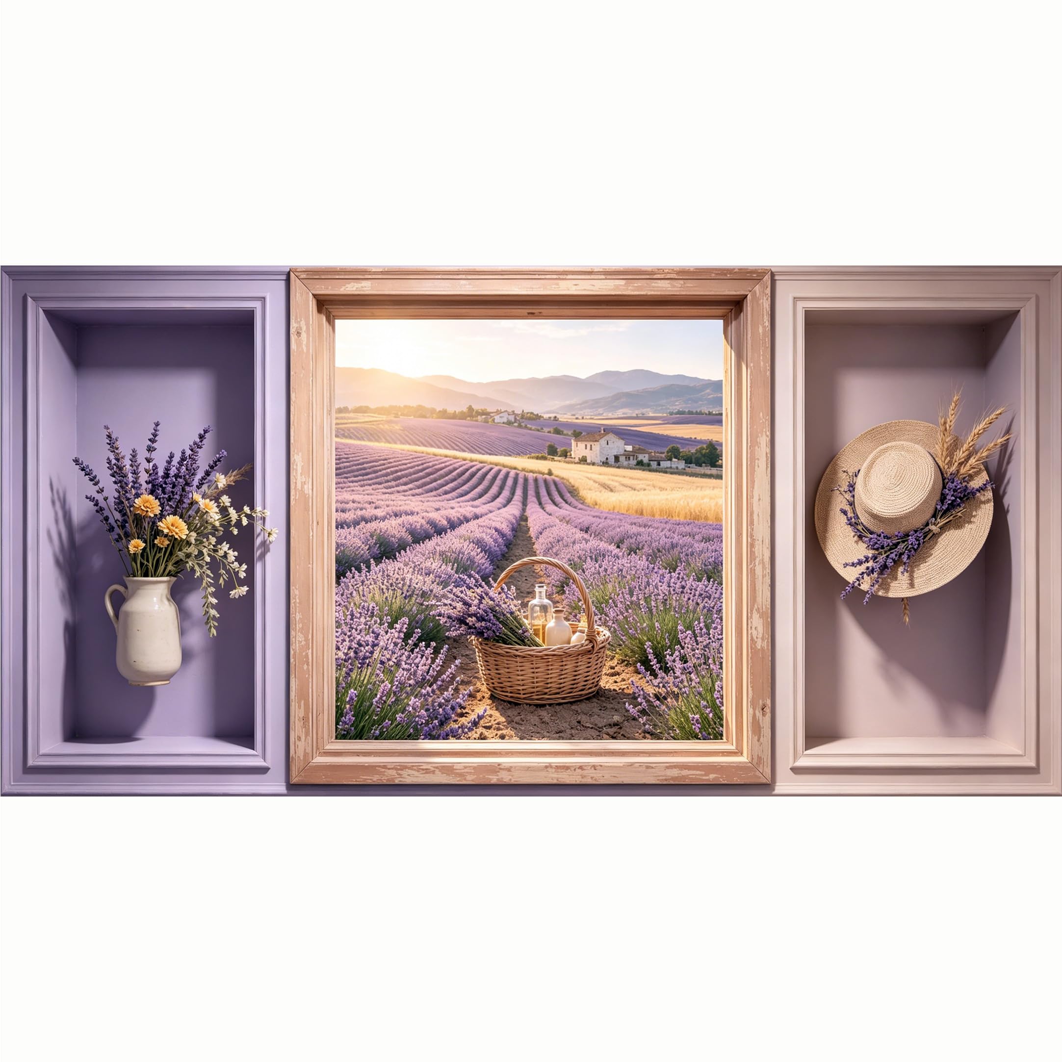 QZLITHOTIC 50x100cm 3D Framed Wall Art， Provence Lavender Field Landscape Basket Hat Self‑Adhesive Mural， Water‑Activated Peel & Stick Fabric Decor Wall Decal for Bedroom Living Room
