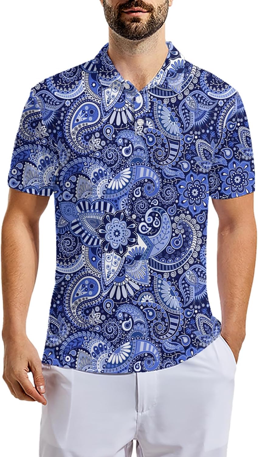 Men's Funny Golf Polo Shirts Quick Dry Blue Cartoon Short Sleeve Polo Shirts