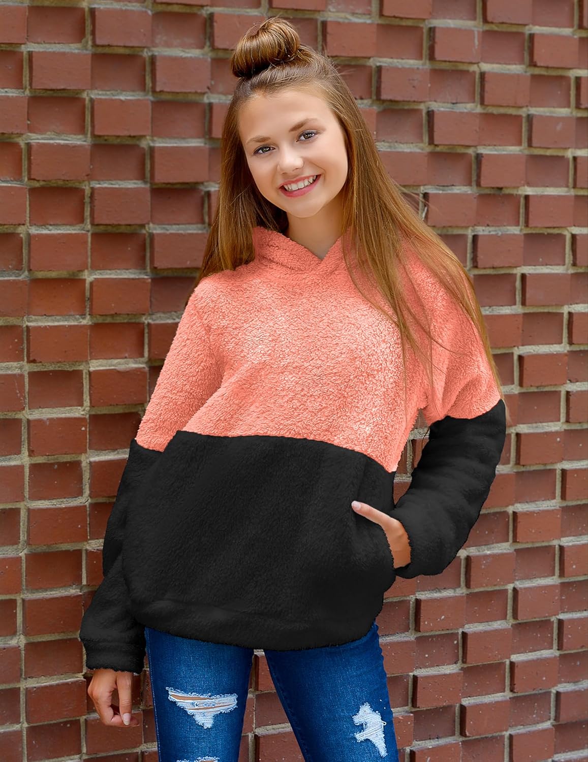 Arshiner Girls Fuzzy Fleece Hoodies Casual Sweatshirt Sherpa Pullover with Kangaroo Pockets - Image 7