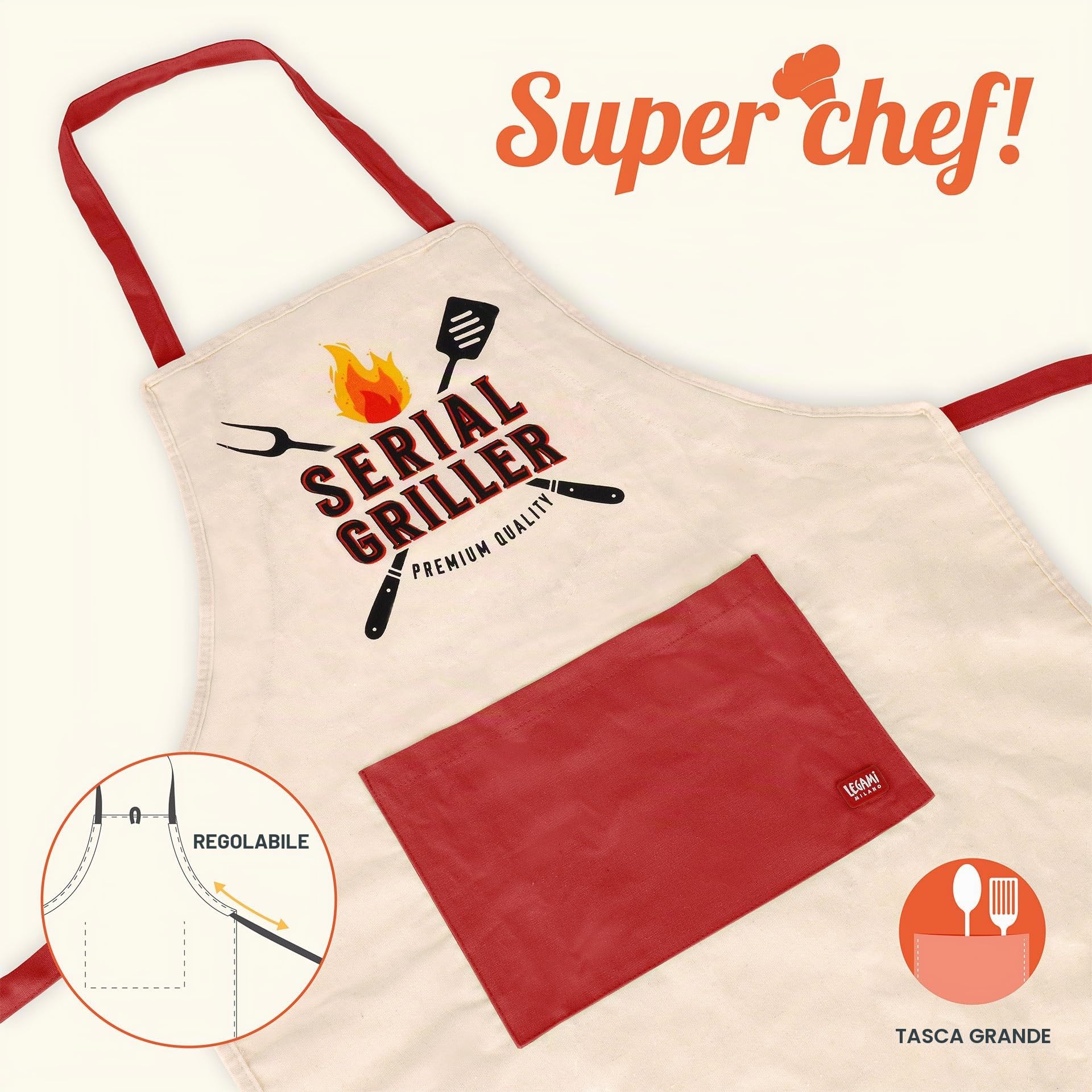 Legami - Grembiule da Cucina Uomo Donna, Super Chef, Tasca Frontale, Regolabile, Taglia Unica, Lavabile in Lavatrice, Dimensioni 56 x 76 cm