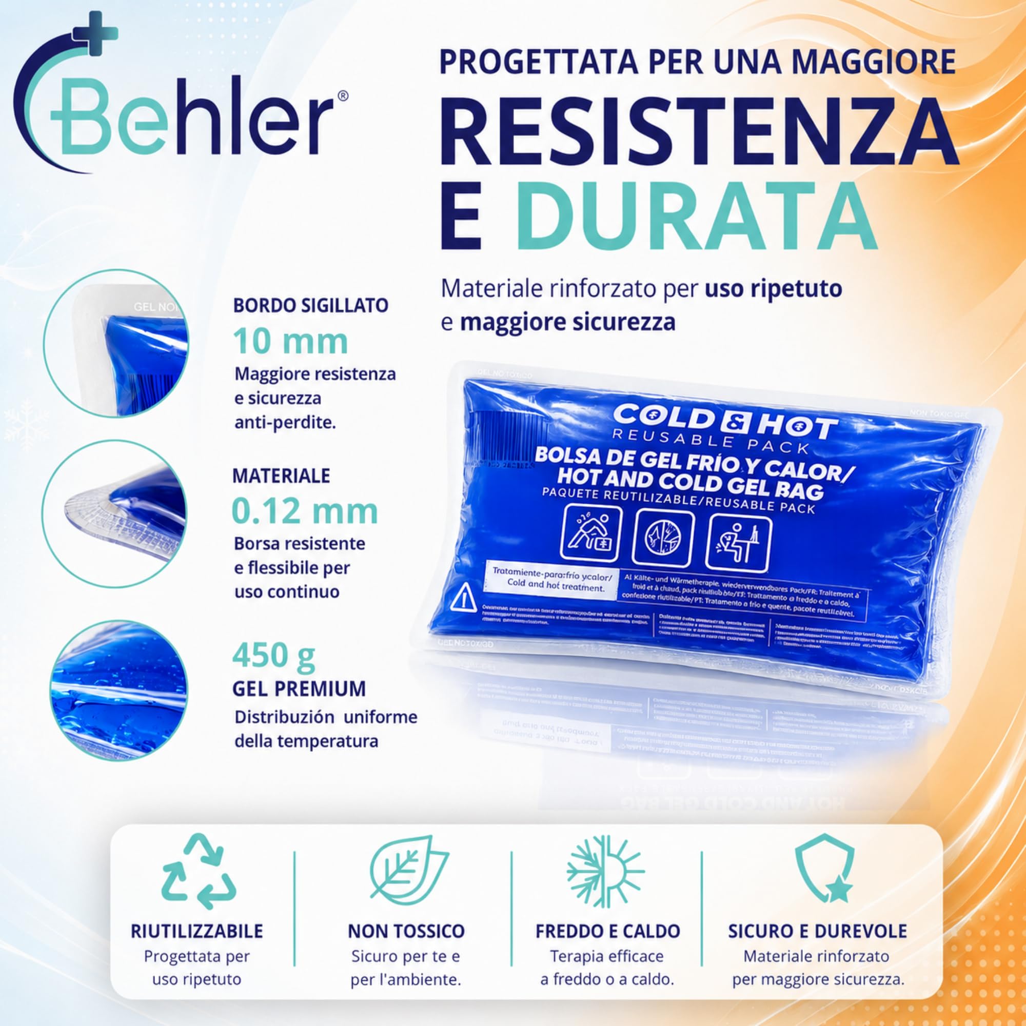 Ghiaccio Gel Riutilizzabile (26 x 15 cm) - Compressa fredda calda - Multifunzione - Ideale per Terapie, Dolori Muscolari, Febbre e Lesioni Sportive - Adatta per Frigorifero e Microonde.
