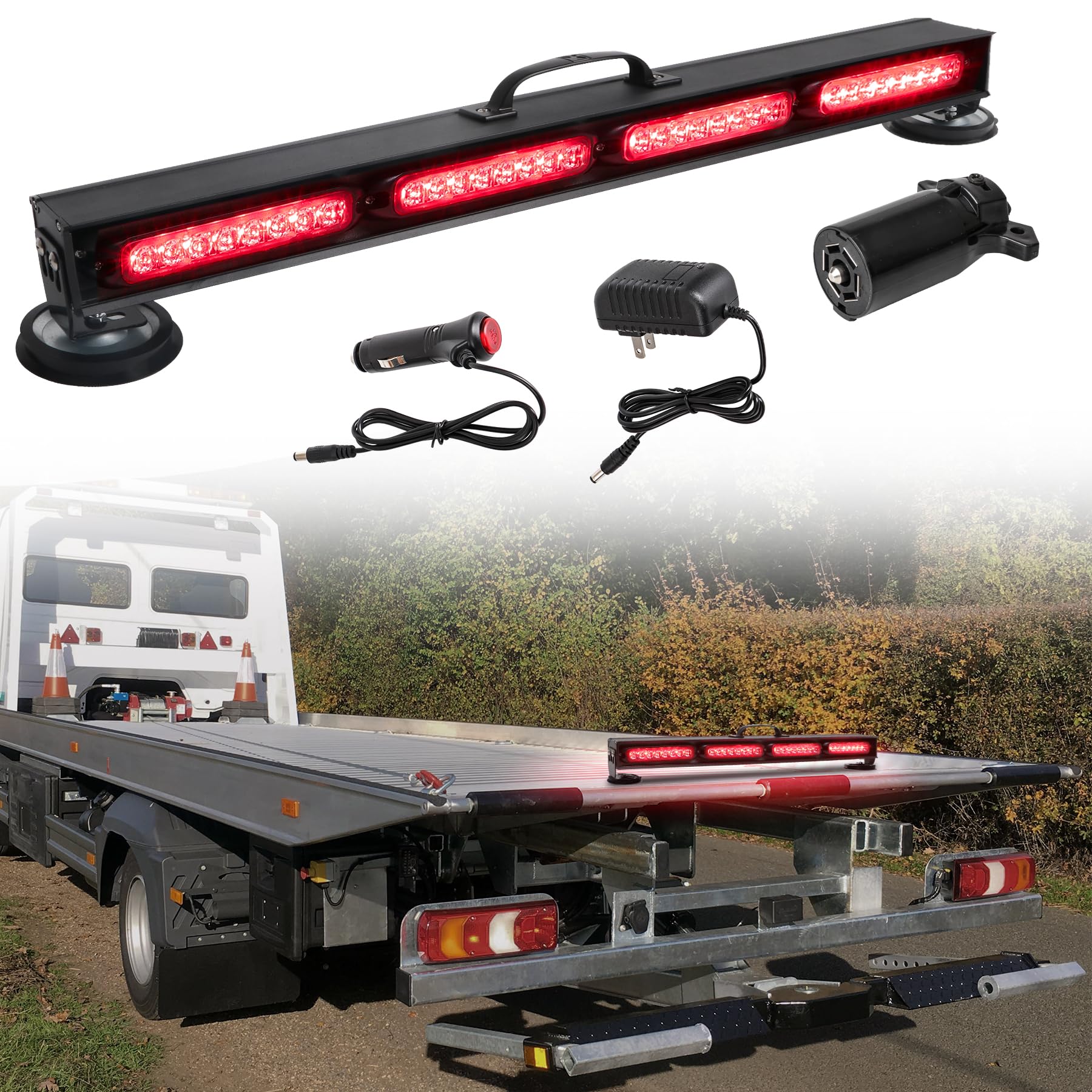 Wireless Tow Light Bar, Trailer Light Bar with 7 Pin Round Transmitter, Magnetic Base, Brake/Turn Signal Emergency LED Light Bar for Truck Roadblock Cars, Rechargeable Battery Powered, 23 in