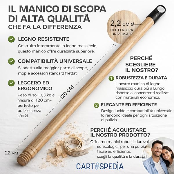 Manico Scopa in Legno 120 cm Universale Filettato + Scopa con Setole Piumate, Leggera e Sottile, Efficace per Fessure - Bastone Scopa con Manico Resistente per Pulizia Casa e Uso Professionale - 4