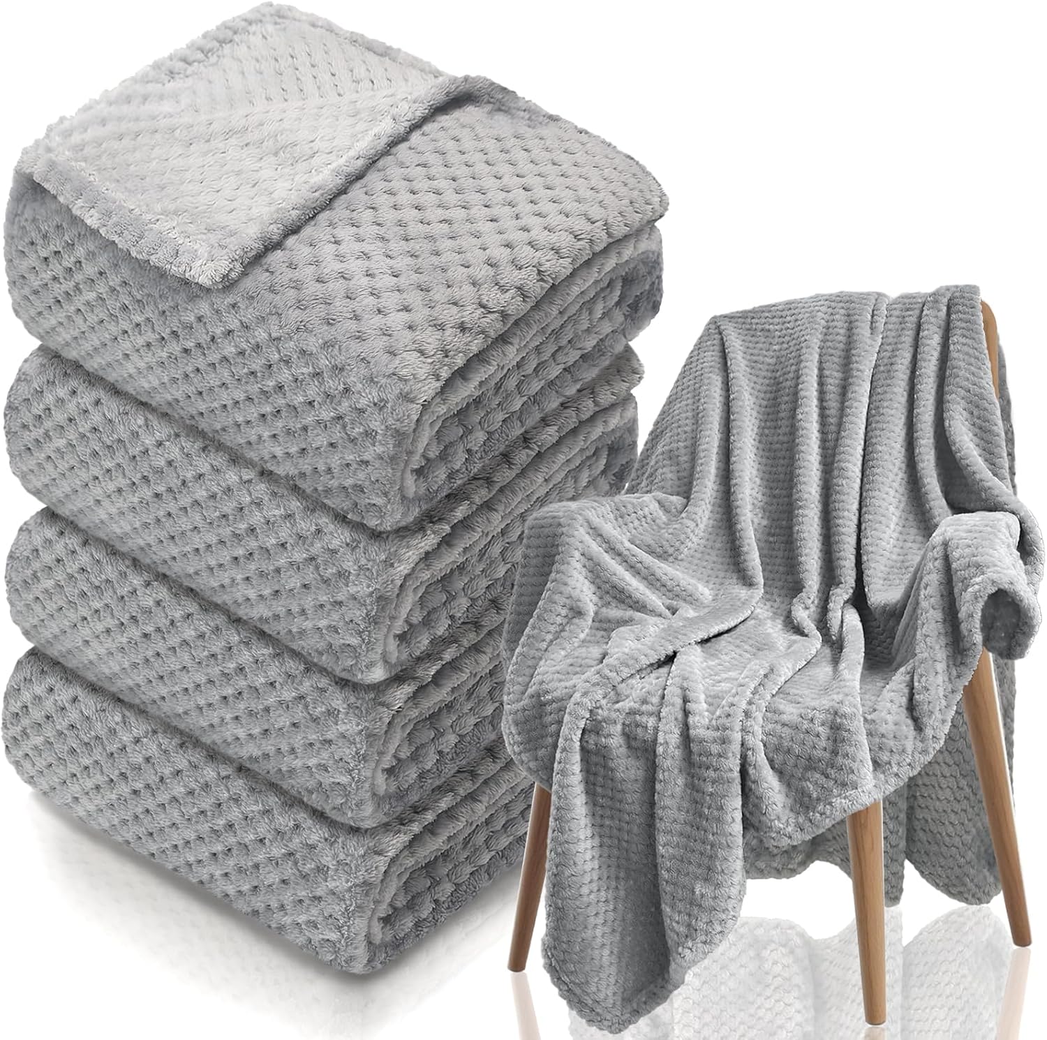 4 Pack Fleece Throw Blankets 50x60 Inches - 270 GSM Ultra Soft Plush Flannel for Bed Couch Sofa, Lightweight Warm 3D Waffle Texture, No Shedding No Pilling All Season Throw (Gray)