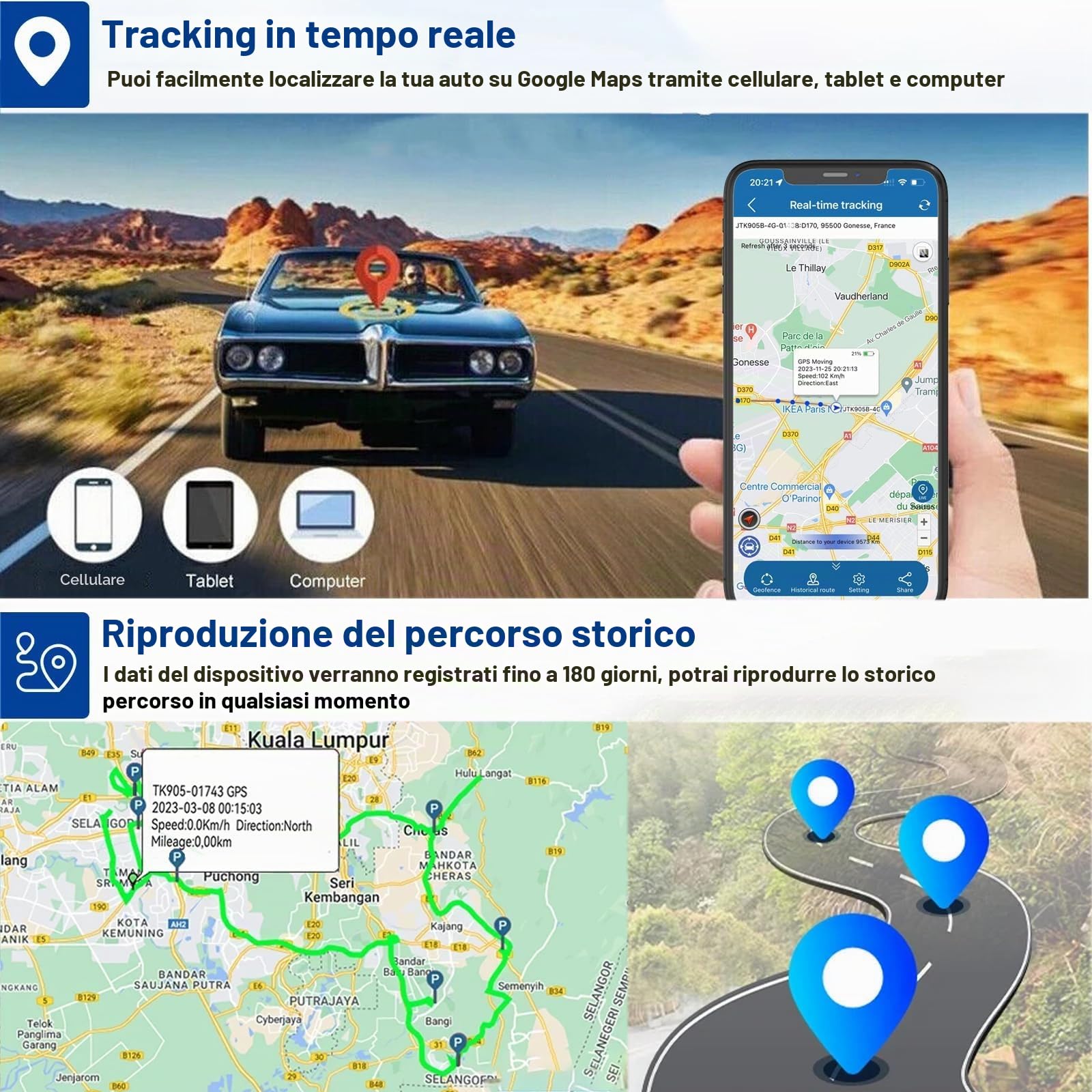 4G Localizzatore GPS per Auto/Veicoli/Moto/Flotta con App Gratuita 4G GPS Tracker Tracciatore di Posizione GPS Satellitare e Magnete Impermeabile Anti-perso Geo-Fence Alarm GPS Tracking Spia 20000mAh