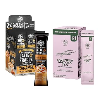 The Frozen Bean Caramel Macchiato Frappe & Latte Instant Mix 20 Sticks - The Harmony Matcha Lavender 10 Sticks