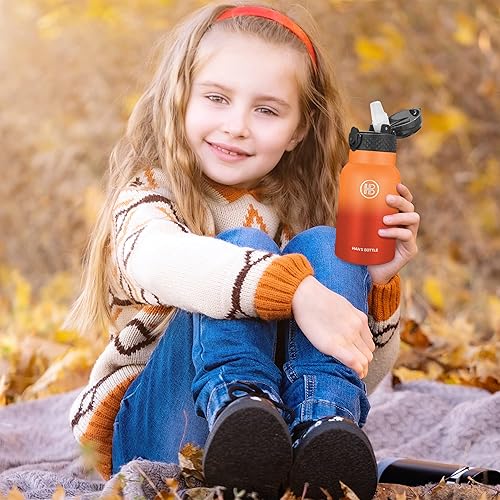 Miniatura 7 de Han's Bottle Botella de agua para niños con tapa con pajilla, vaso reutilizable de acero inoxidable aislado para niñas, niños, taza térmica, 12
