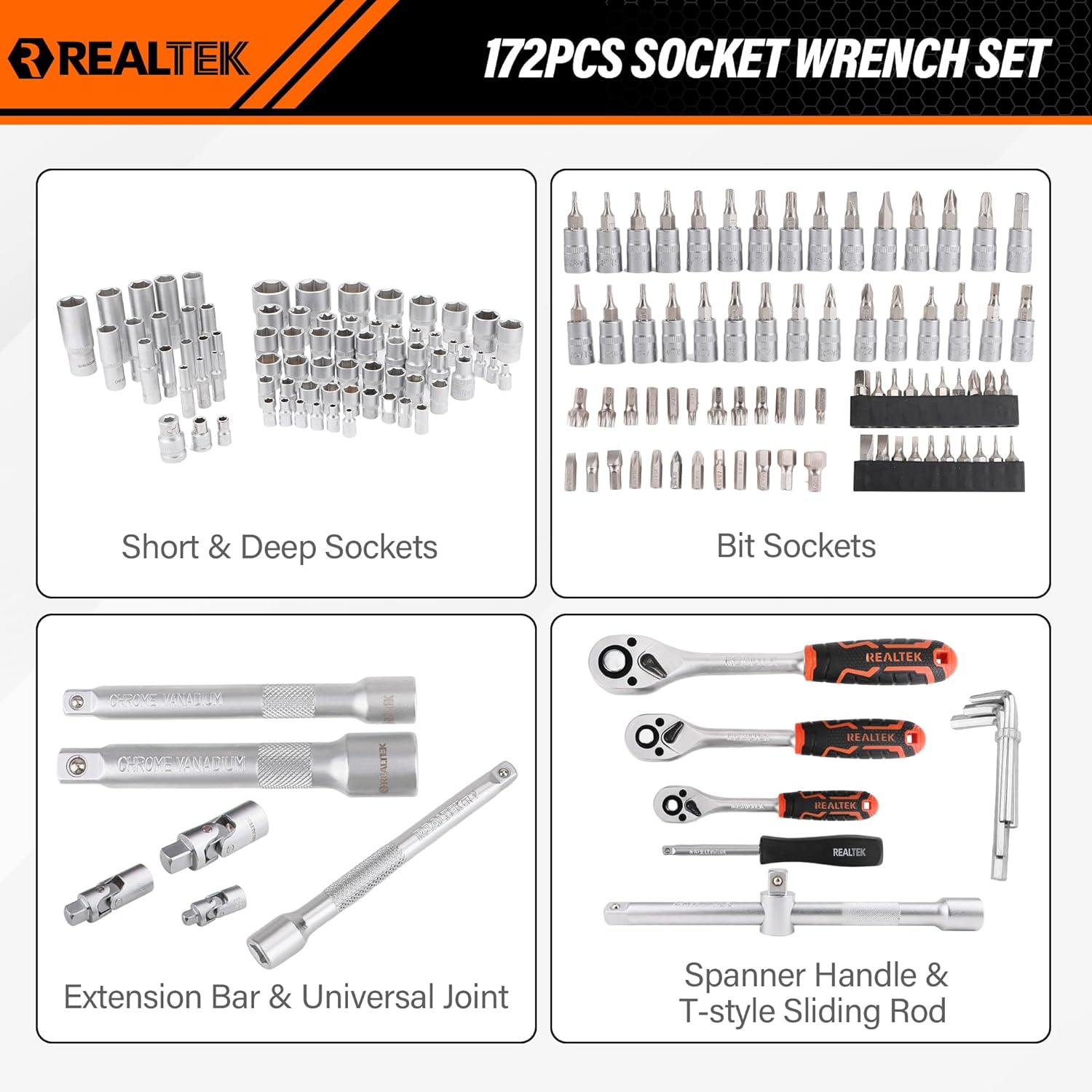 1/4" Socket Ratchet Wrench Screwdriver Set, 172PCS CR-V Metric Wrench Set with Extension Bar, Quick-Release Ratchet Wrench with Bit Socket Set for Auto Repairing, Household with Durable Tool Case