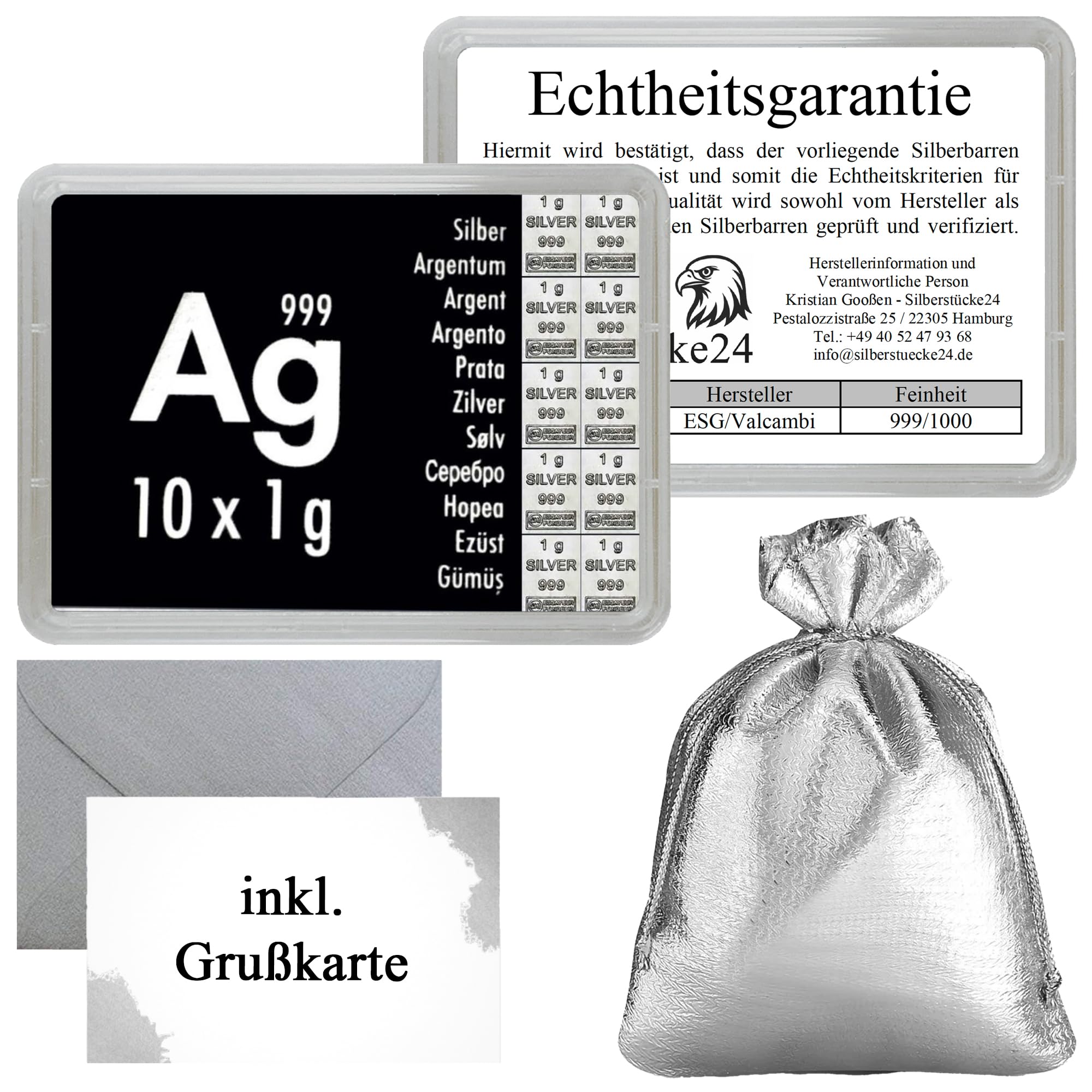 Silberbarren in Motivbox – Feinsilber 999 mit Echtheitsgarantie - CombiBar - Geschenkfertig mit Geschenkbeutel & Grußkarte – verschiedene Größen wählbar - Silberstücke24 (10g Silber)