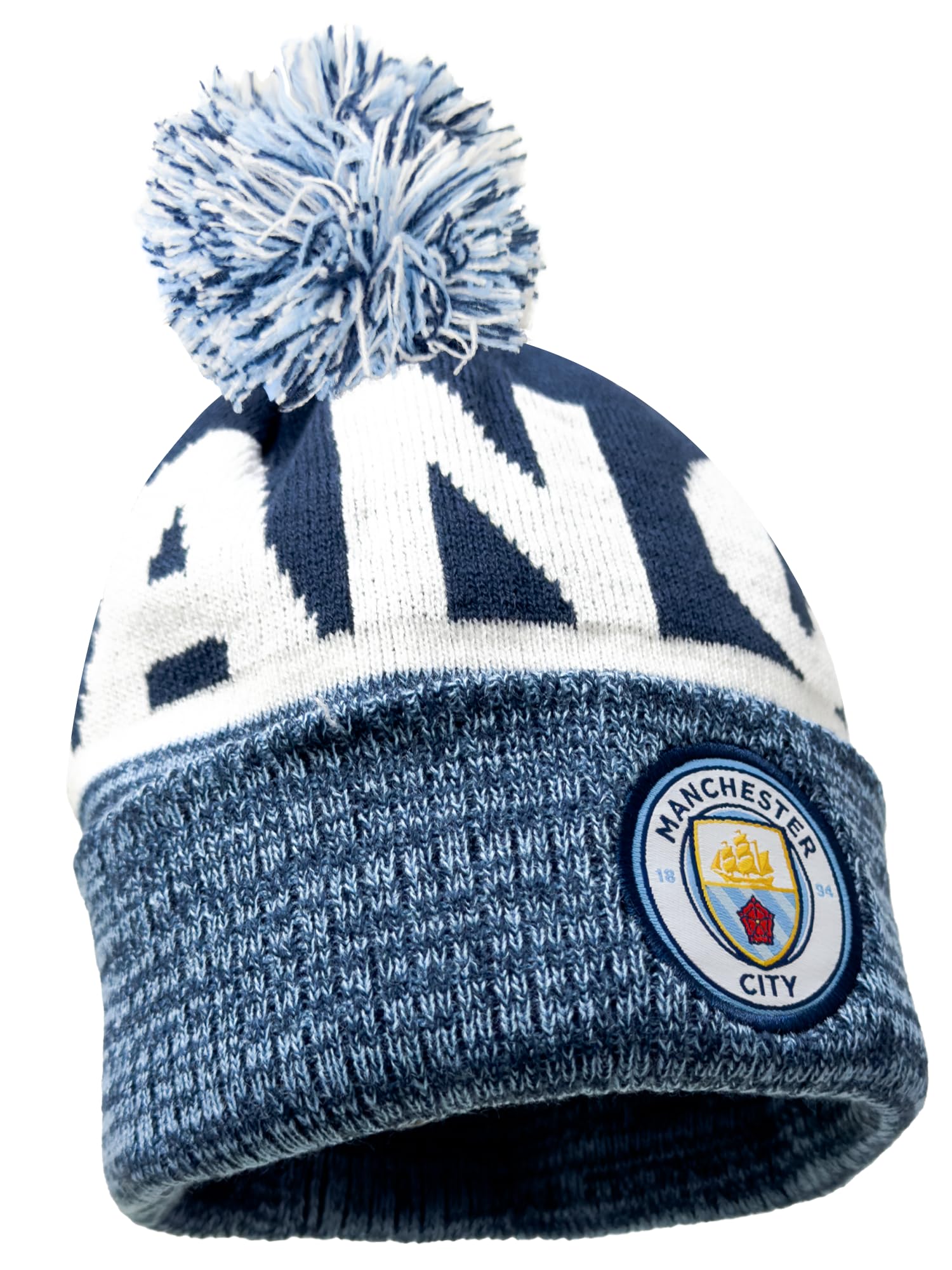 Fan Ink Kid's Manchester City Beanie, Licensed Man City Pom Pom Knit Skull Winter Hat Blue