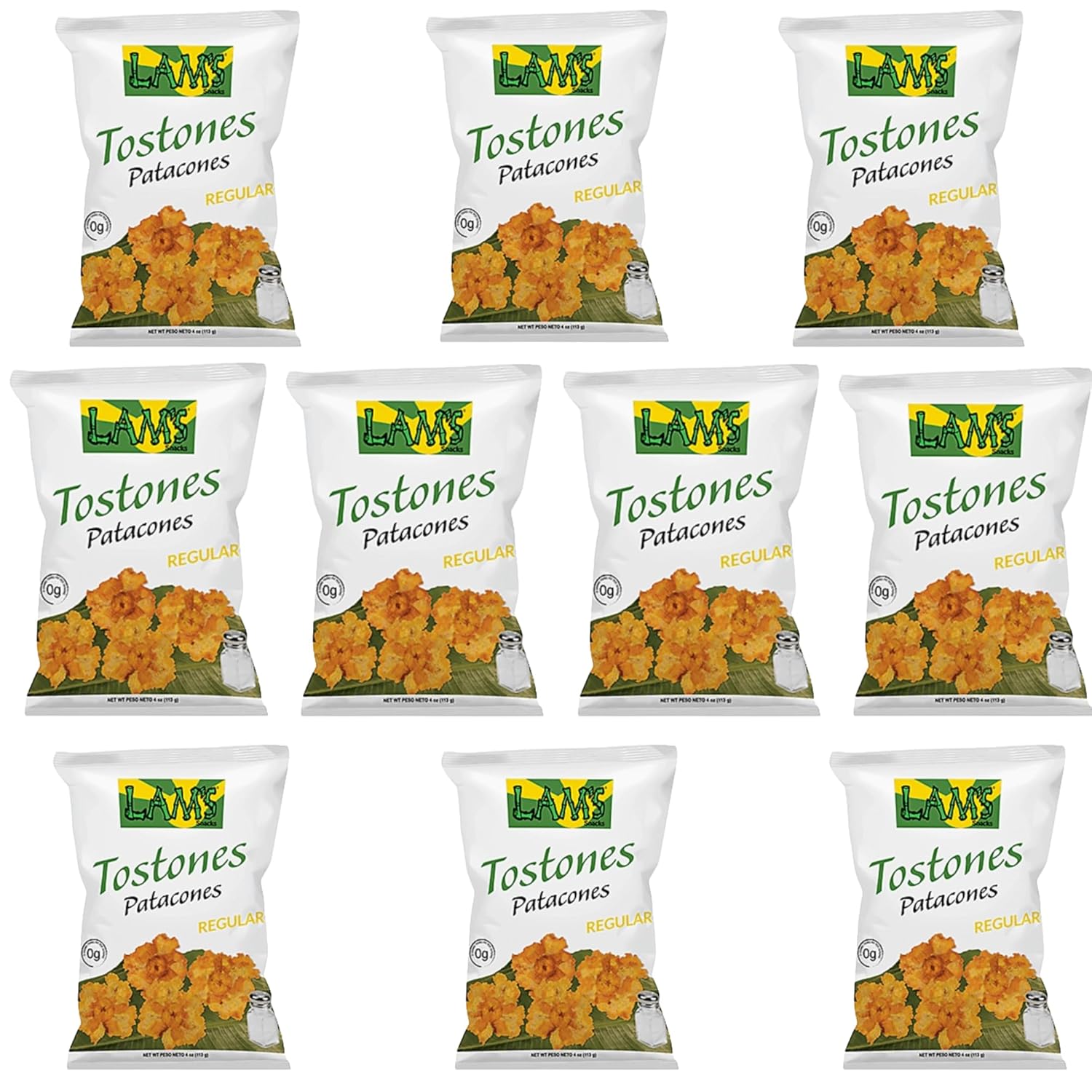 Lam's Tostones Salted, No Trans Fat, Gluten Free, 10 x 4 oz, Smashed Plantain Chunks, Thin and Crispy, Only Three Ingredients Tostones (Pack of 10, Salted)