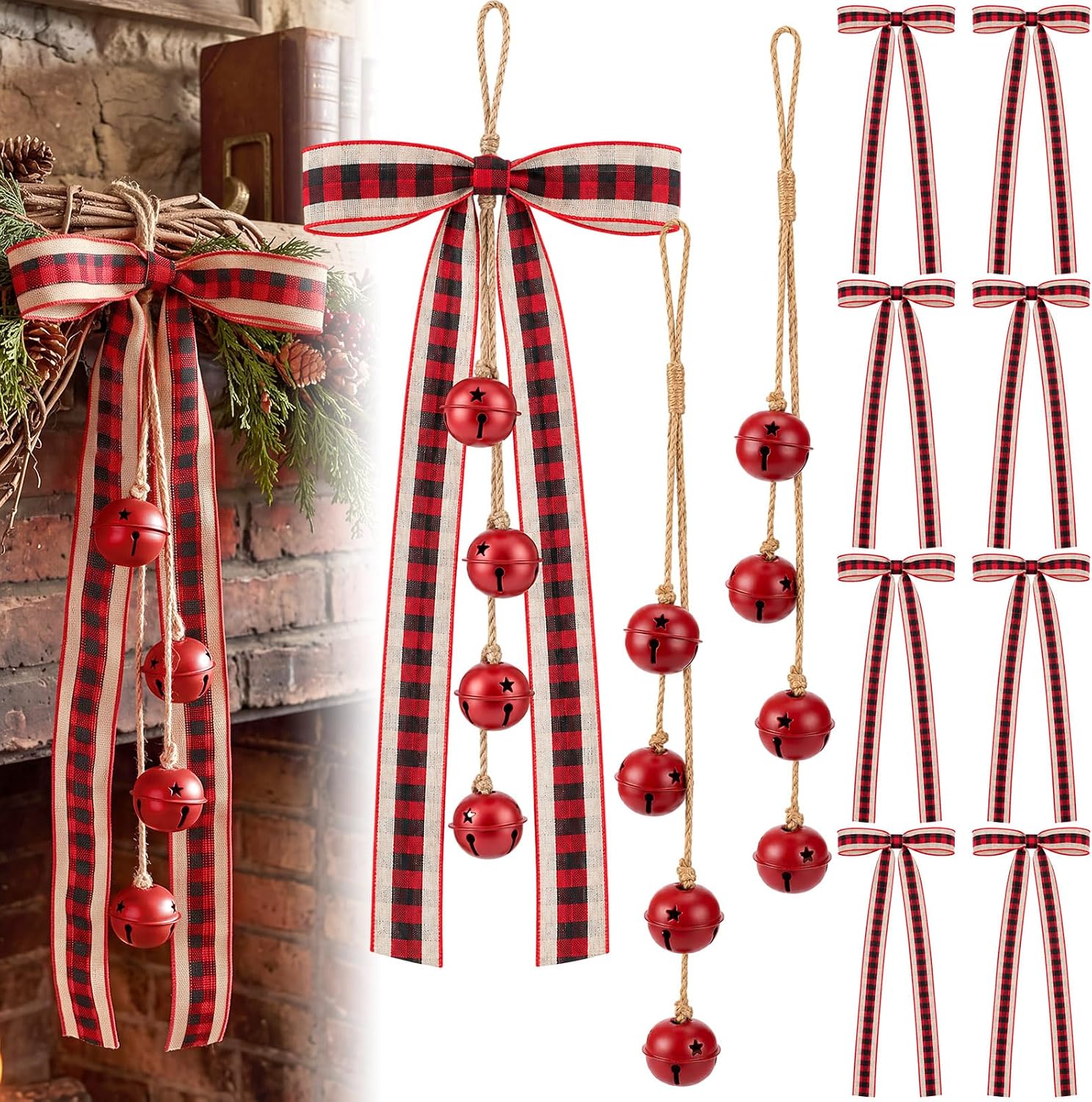 2 Pcs Christmas Rustic Sleigh Bell with 8 Pcs Plaid Burlap Bow