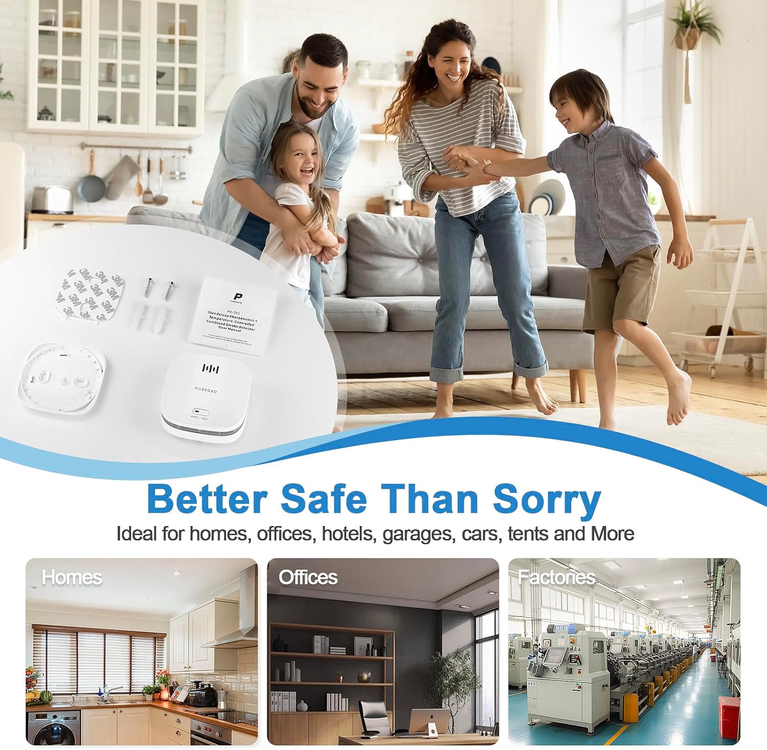 Image showing the Pildegro PD-70S smoke detector with a 10-year battery icon, a close-up of the CR123A battery, the test/mute button, and a diagram of the mistake-proofing bracket.