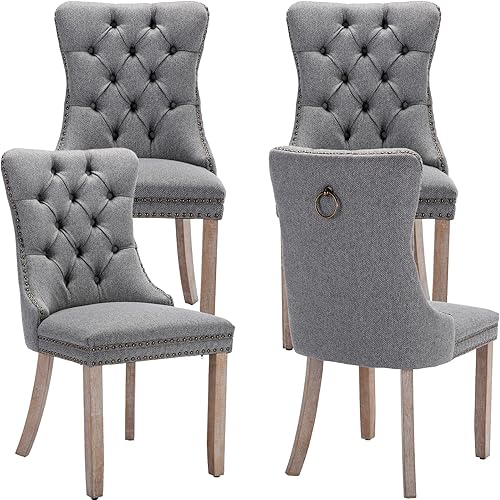 Sillas de Comedor - Juego de 4 sillas de comedor tapizadas de lino, modernas de mediados de siglo, sillas de cocina y comedor con patas de madera,