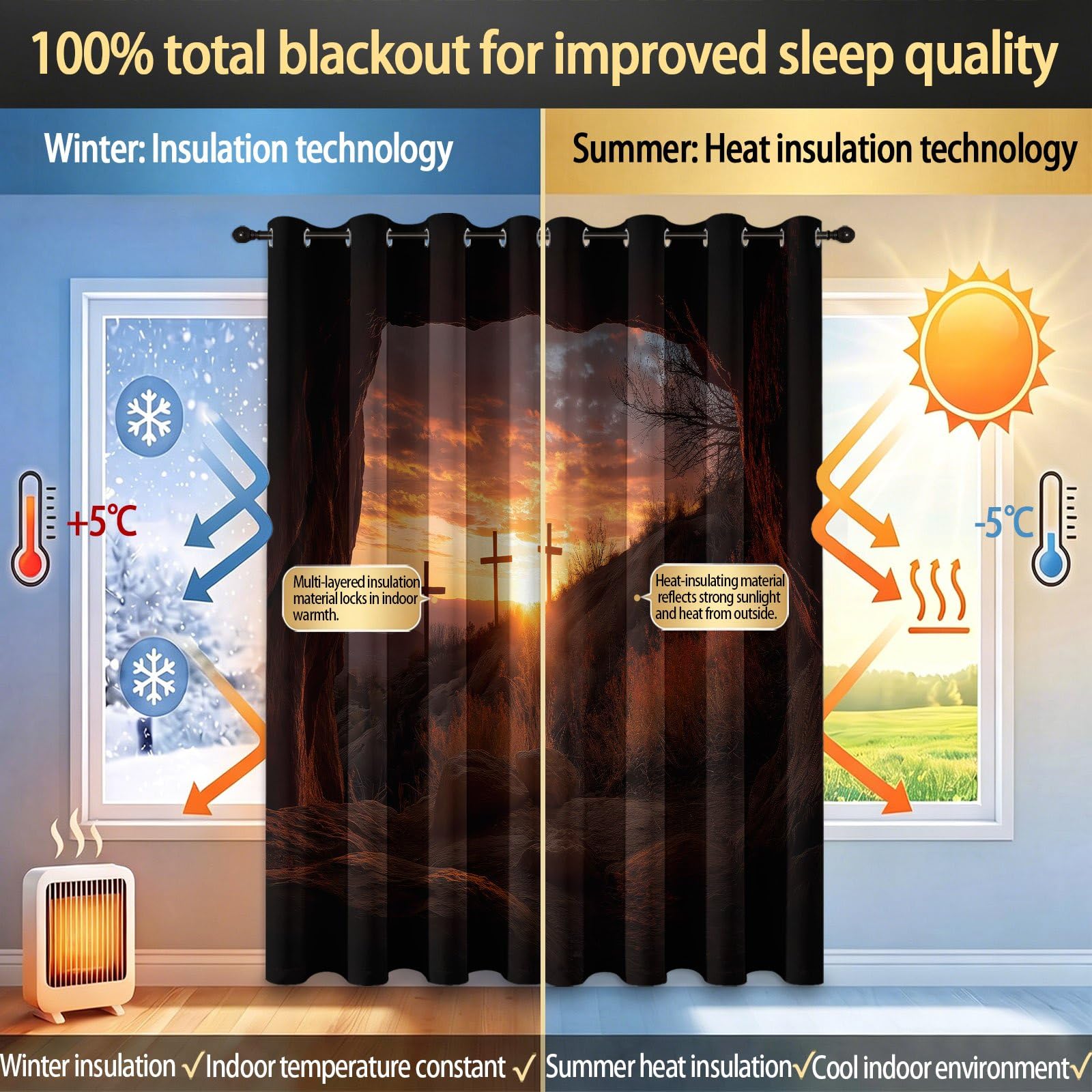Landschaft Natur Verdunkelungsvorhänge Blickdicht mit Ösen, H 137 x B 117 cm (2er Pack) Blickdicht Gardinen Berge Sonnenuntergang Höhle, Thermovorhang für Wohnzimmer Schlafzimmer, Orange Braun