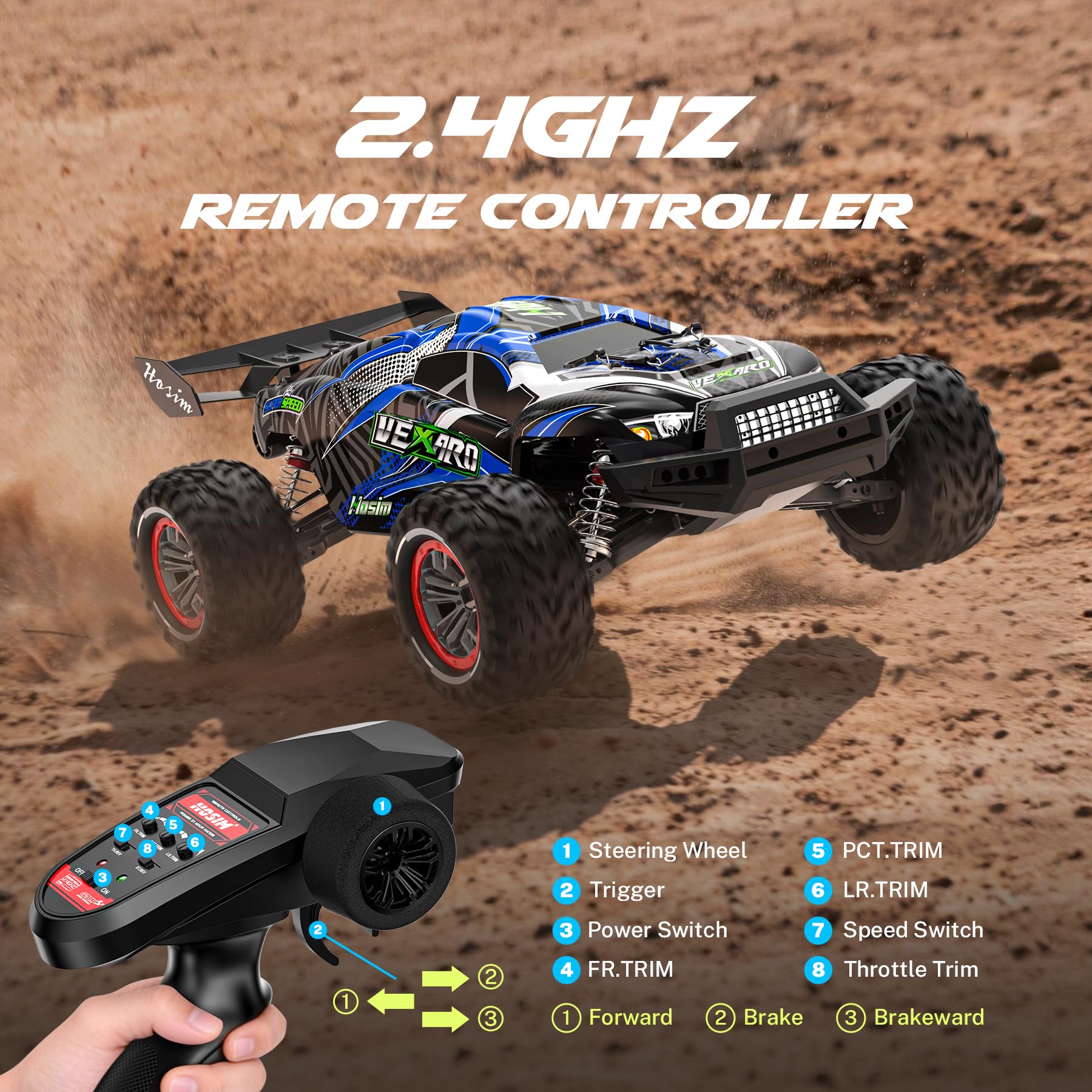 Hosim - Coche teledirigido rápido para adultos 80 km/h, mini camión teledirigido 1:8 con tres diferenciales, 4WD todoterreno impermeable RC Car con 2 baterías 3S