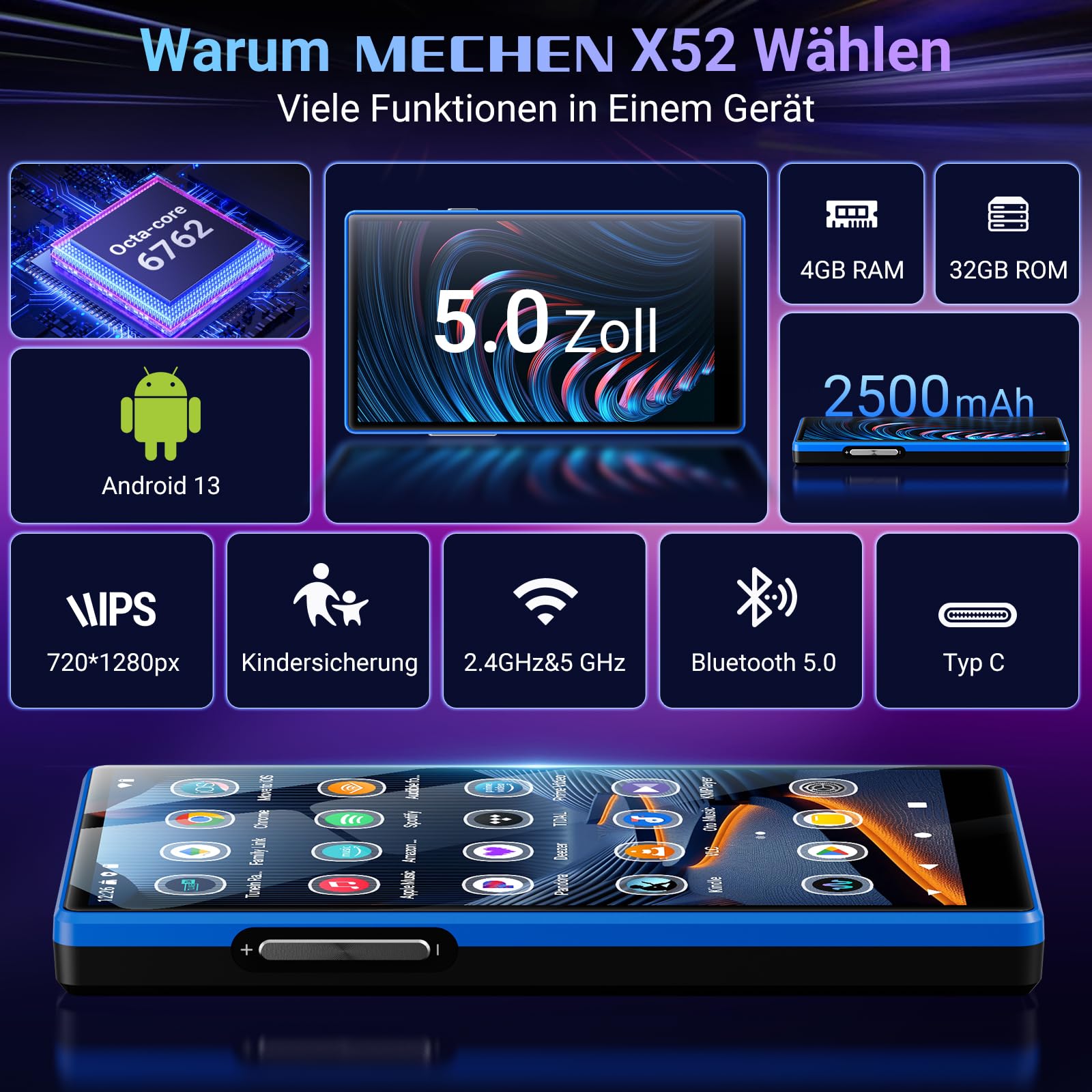 MECHEN 160GB MP3 Player Spotify, 5,0 Zoll Bluetooth Android 13 MP4 Player WLAN, Elternmodus, FM Radio, Amazon Music Deezer Audible Kompatibel (X52-B)