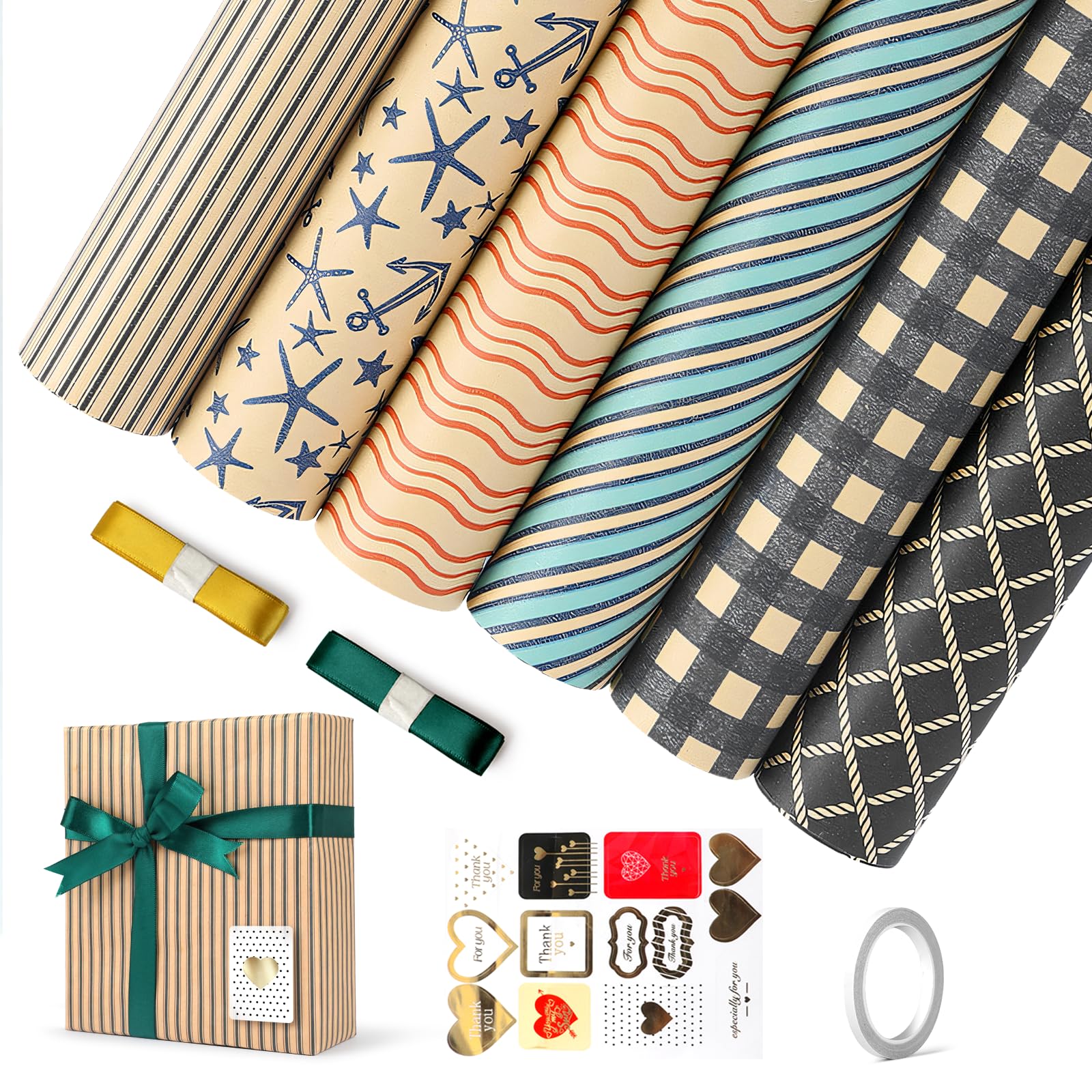 Baytion Gift Wrapping Paper, Birthday Wrapping Paper Set with Ribbon&Tape, Large Wrapping Paper Roll for Girl&Boy Christmas Weddings Festive Parties Kraft Paper Green Pattern（50cm x 70cm, 6sheets）