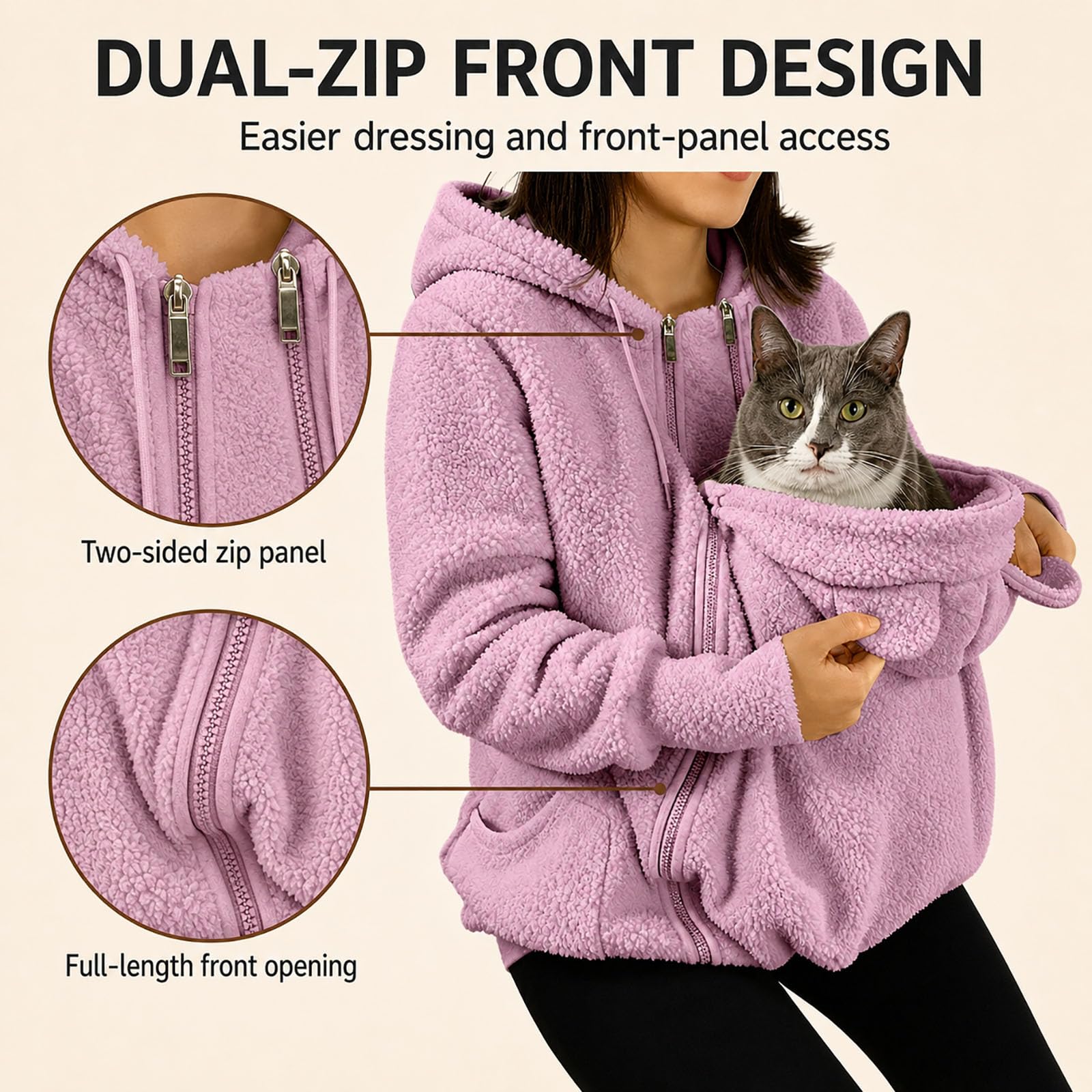 Pet Pouch Hoodie for Women, Fleece Jacket for Cats and Small Dogs (Pink,xx_l)