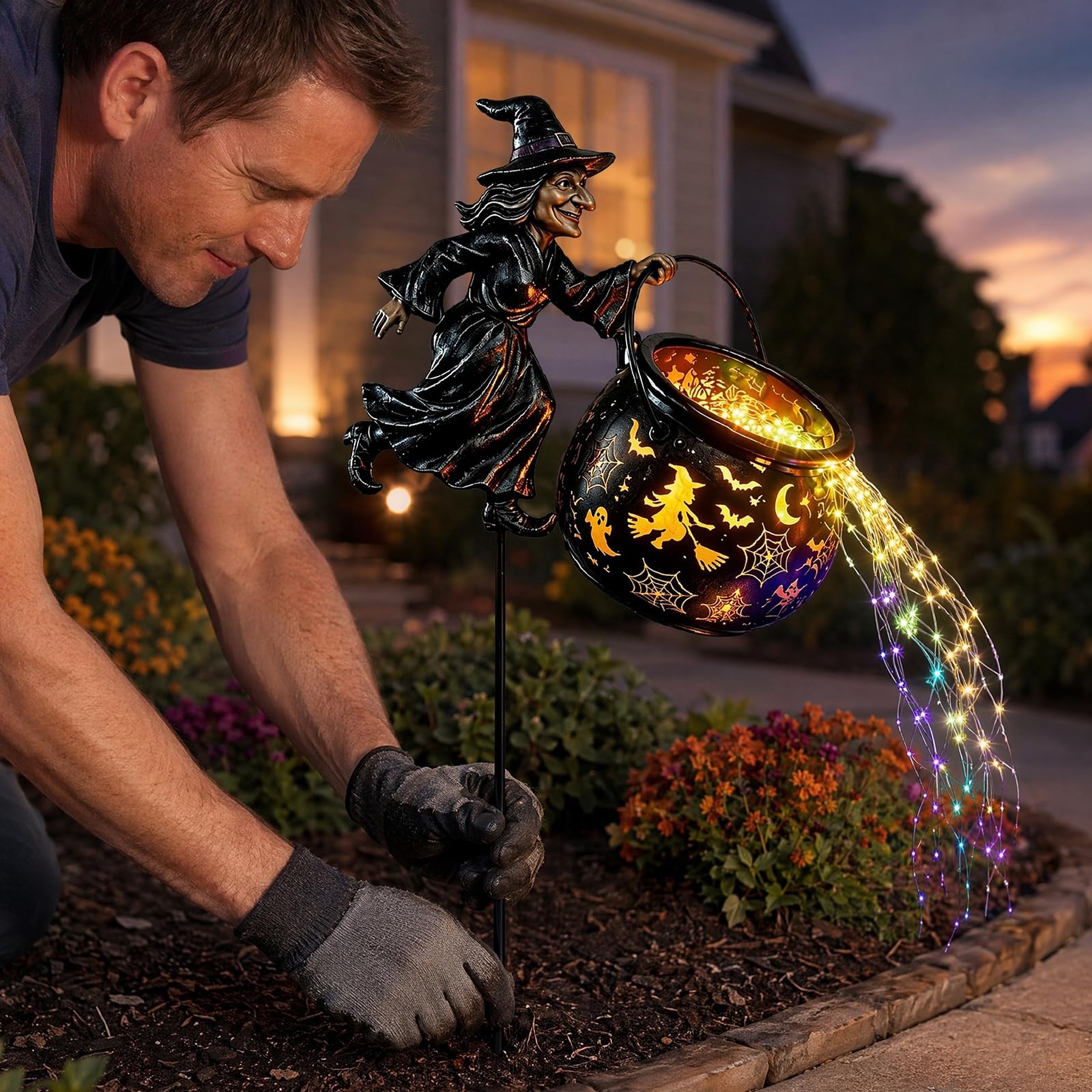 Halloween Iron Witch Cauldron Garden Light LED Glowing Stake
