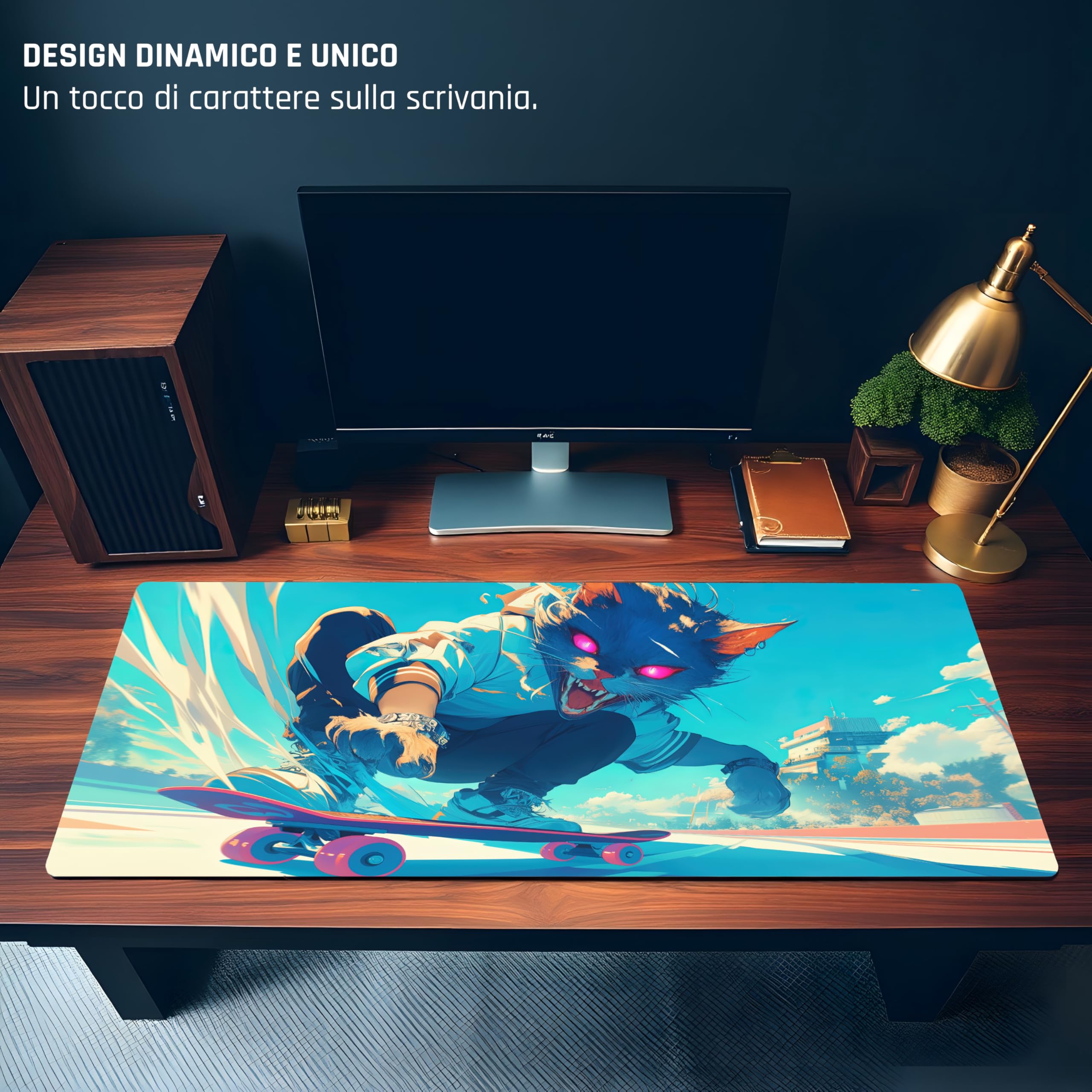 TRYNOVAS Tappetino Mouse XXL 90×40 cm (3mm) – Anime Gatto Skater Cyberpunk – Tappetino Gaming Grande, Base Antiscivolo, Bordi Cuciti, Desk Pad per PC e Setup Gamer