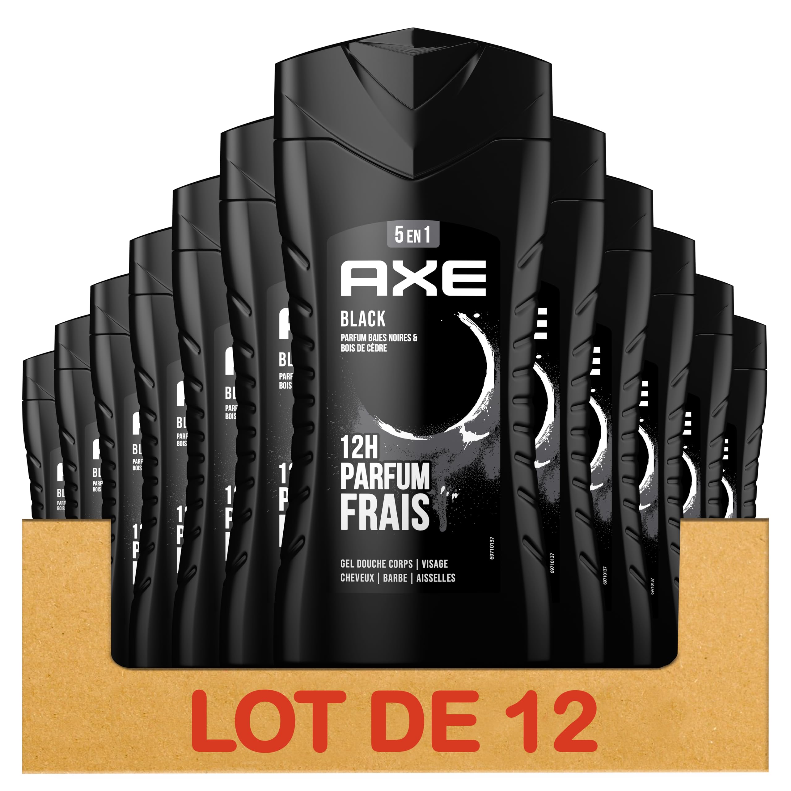 AXE - Gel de ducha 5 en 1 para hombre, negro, 24 horas, hidratante, 87% de ingredientes de origen natural, aroma a bayas negras y madera de cedro (12 x 250 ml)