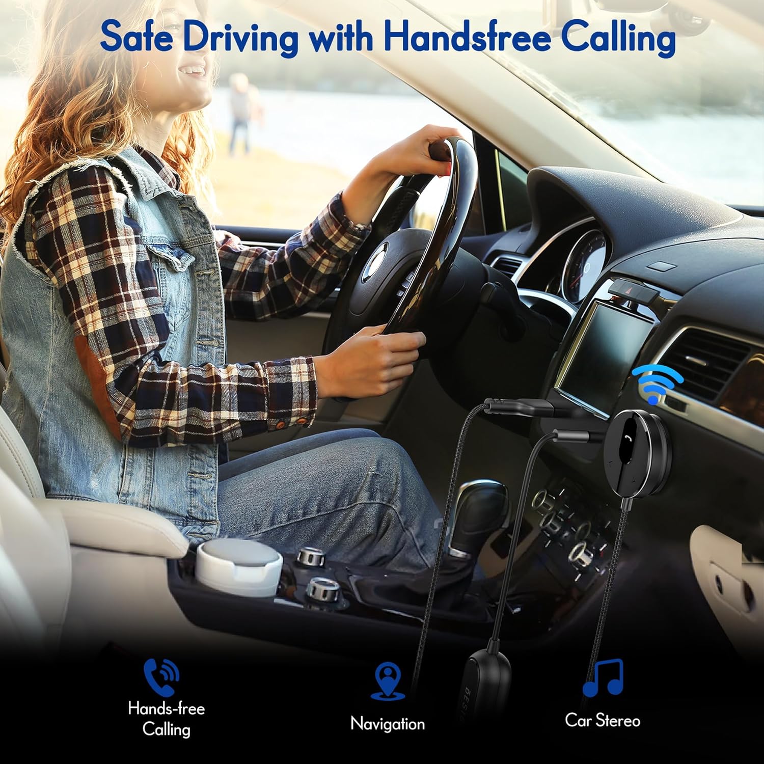 A person driving a car, using the BESIGN BK01 Bluetooth Car Kit for hands-free calling. The receiver unit is mounted on the dashboard. This image emphasizes safe driving with hands-free communication.