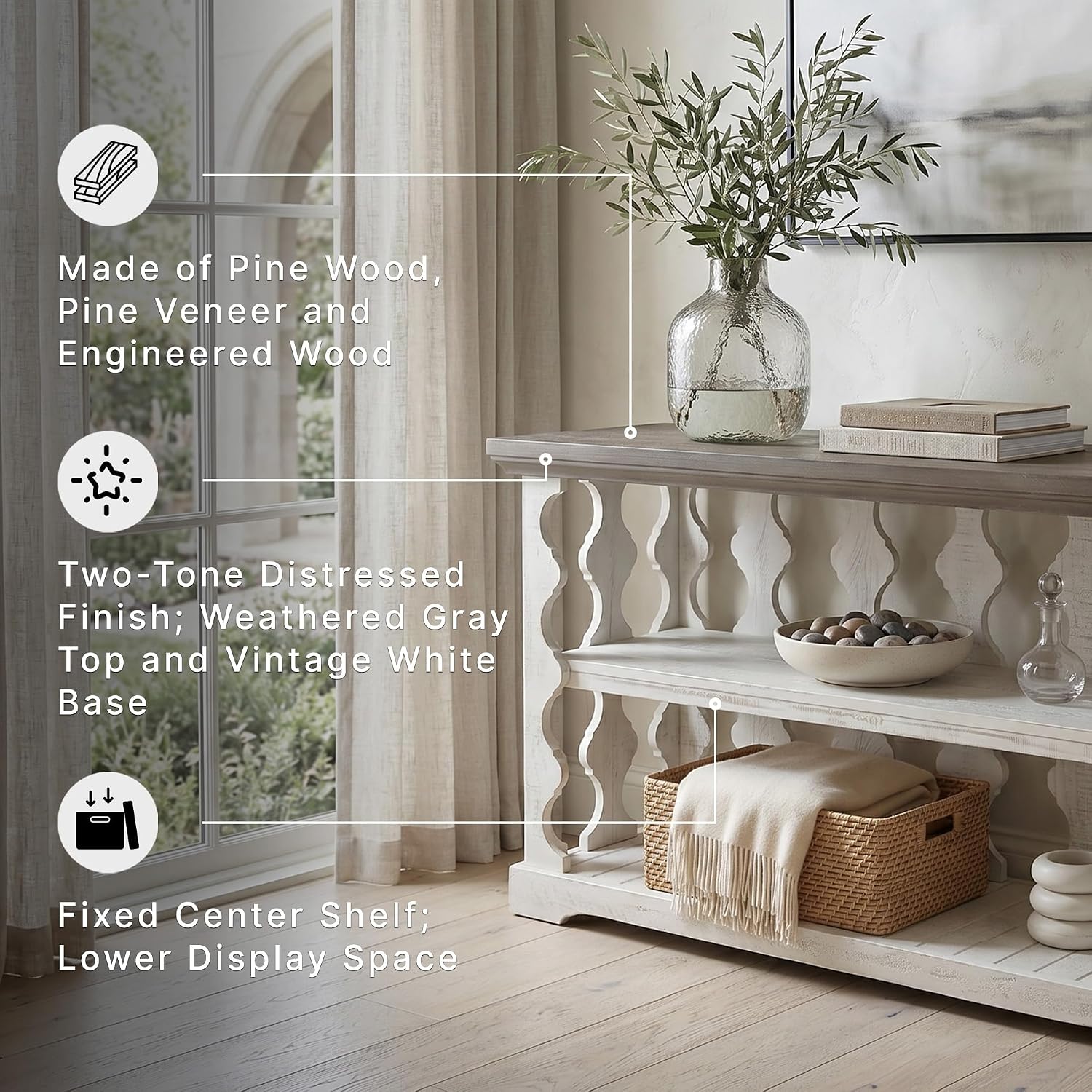 Signature Design by Ashley Sofa Console Table, Farmhouse, Gray/White | Distressed two-tone pine wood finish, 2-tier storage shelves, Versatile entryway or behind-couch display, Havalance Series