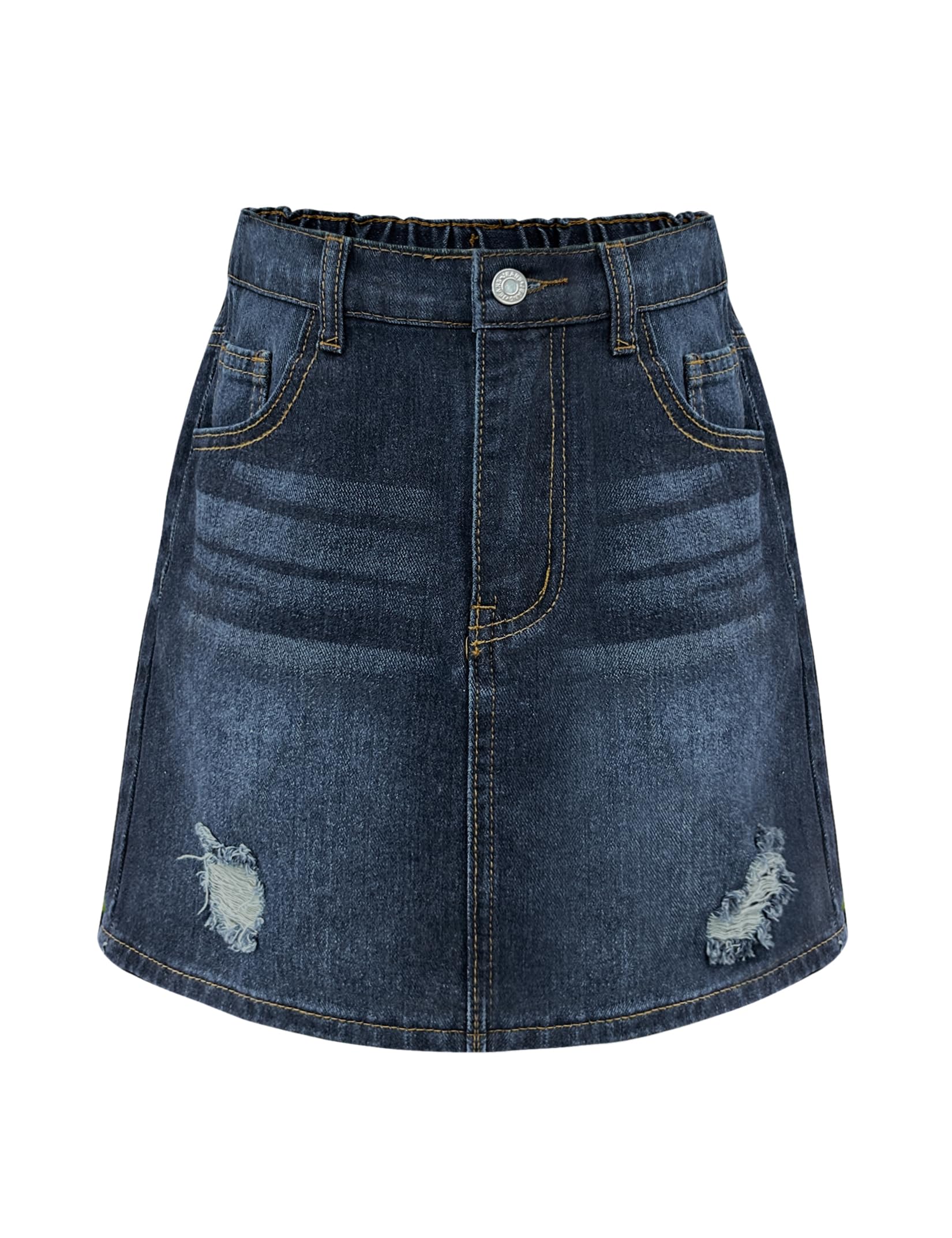 Girls' Denim Skirt Elastic Waist A-Line Knee Length Ripped Casual Jean Skirts with Pockets 4-13Y