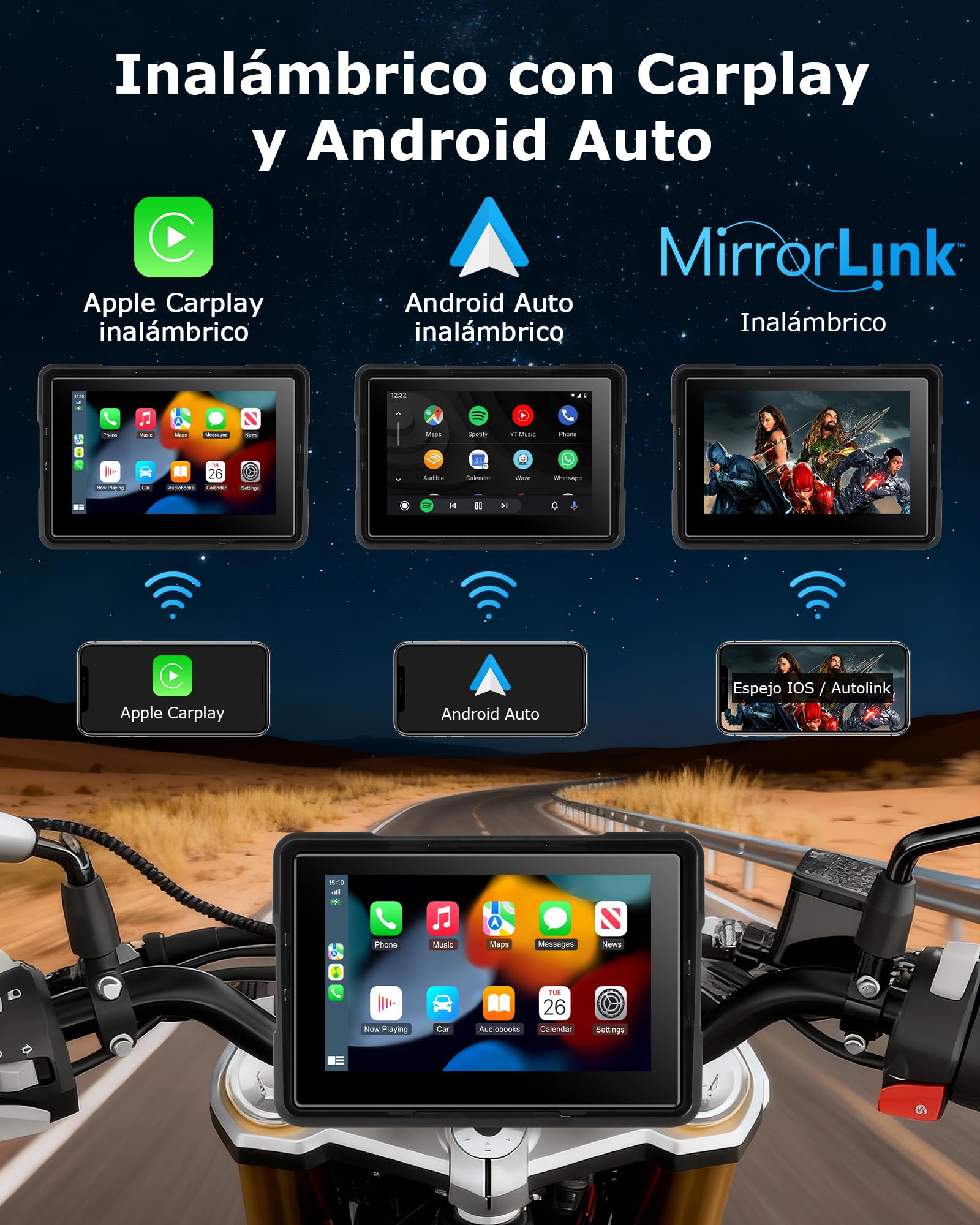 Jansite Carplay Moto Android Auto GPS Navegador Moto con Pantalla Táctil Impermeable de 5 Pulgadas, CarPlay y Android Auto Inalámbricos Navegación GPS Siri