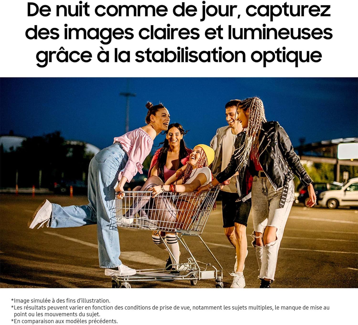 A group of young people laughing and pushing each other in a shopping cart at night, demonstrating the clear and bright photo capabilities of the Samsung Galaxy A17 5G's optical stabilization in low light.