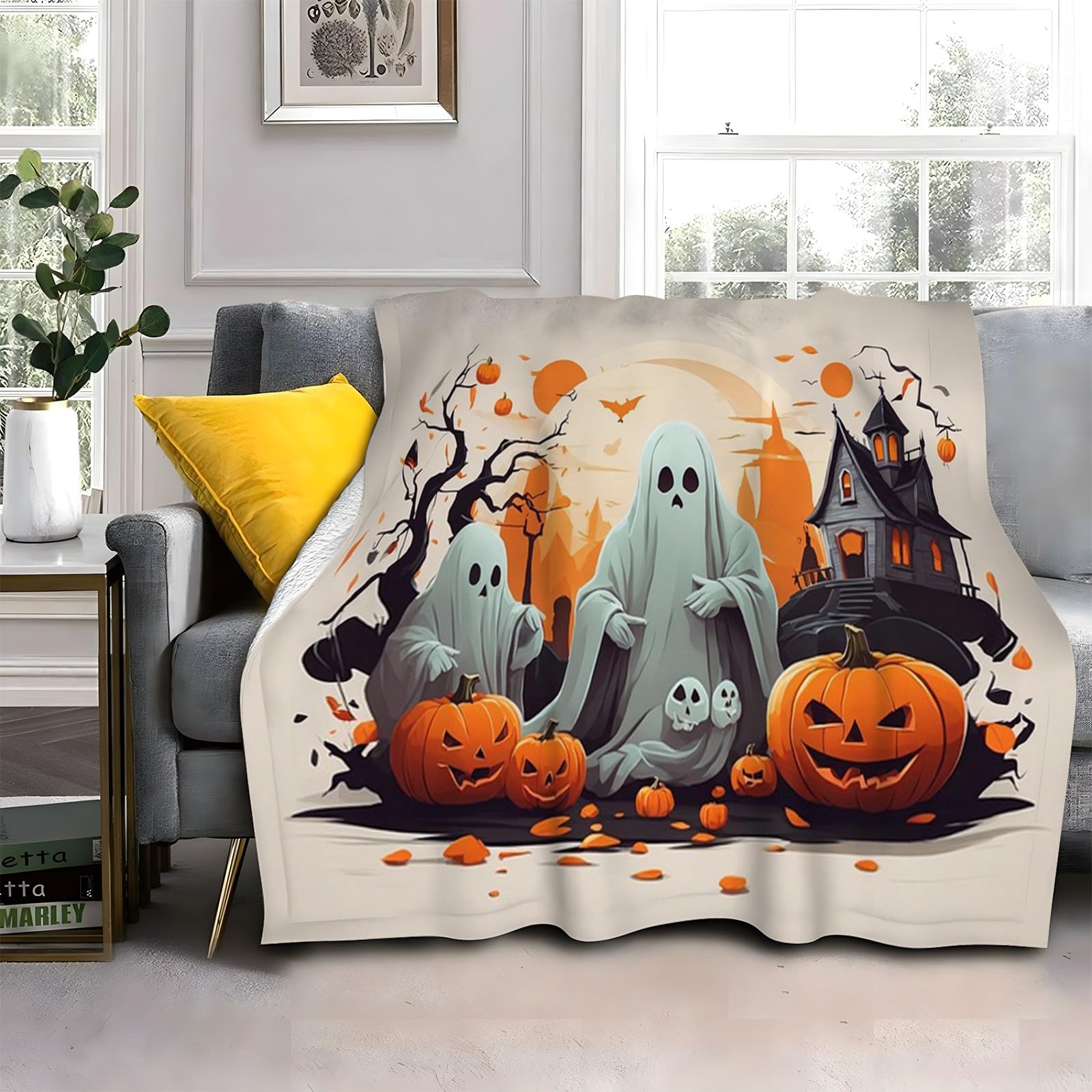 Générique Duży rozmiar straszny koc z dyni, koc polarowy na Halloween, miękki i puszysty koc flanelowy, odpowiedni do łóżek i sof (220 x 240 cm) AL1368