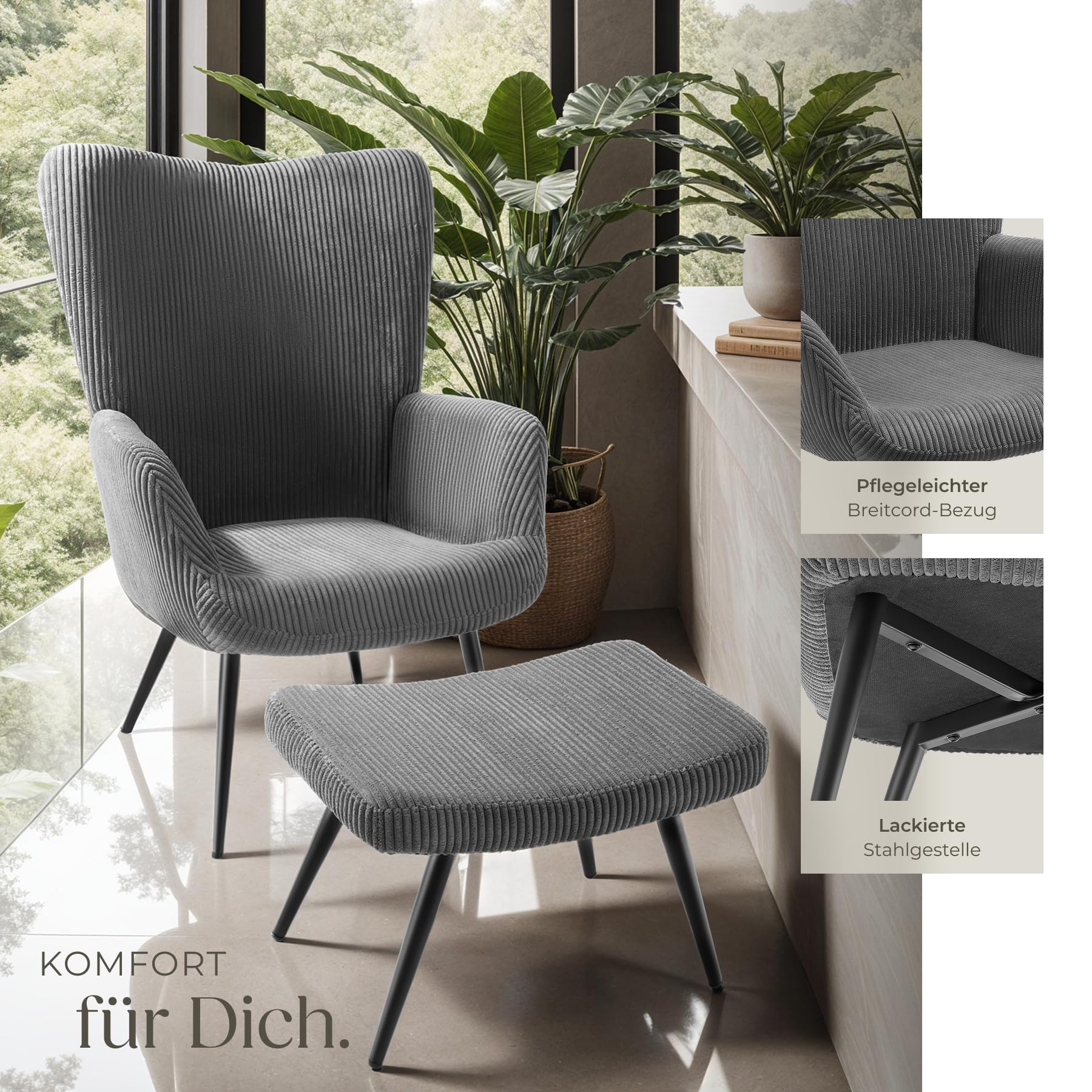 tectake® Skandinavischer Stil Ohrensessel, Sessel Hygge mit Hocker, Breitcordbezug, Sessel Wohnzimmer, Schlafzimmer, Esszimmerstuhl, Statement Loungesessel, belastbar bis 150 kg - anthrazit/schwarz