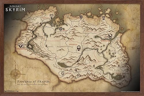 Vista 21 de The Elder Scrolls V: Skyrim - Póster de pared de mapa, 34 pulgadas de largo x 22.4 pulgadas de ancho, versión enmarcada de madera de granero Versión