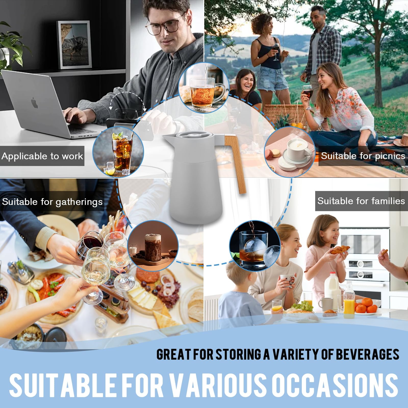 Thermoskanne Kaffeekannen Edelstahl 18/10, Vakuum Isolations, Grosse Kapazität, Mit Holzgriff, Thermosflasche Für Heißen Und Kalten Tee Kaffee, Isolierkanne, Für Home Office Hotel (Grau,1.5L)