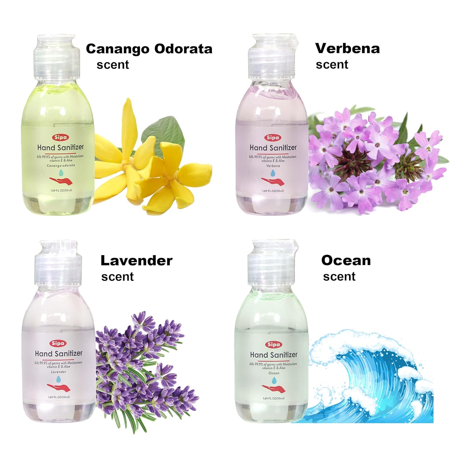 SIPA Hand Sanitizer 1.69 oz/ 50 ml, Gift Box, 8 Scent, Travel Size, Flip Cap Bottle each, Refreshing Soothing Gel with Aloe, and Vitamin E (Pack of 16)