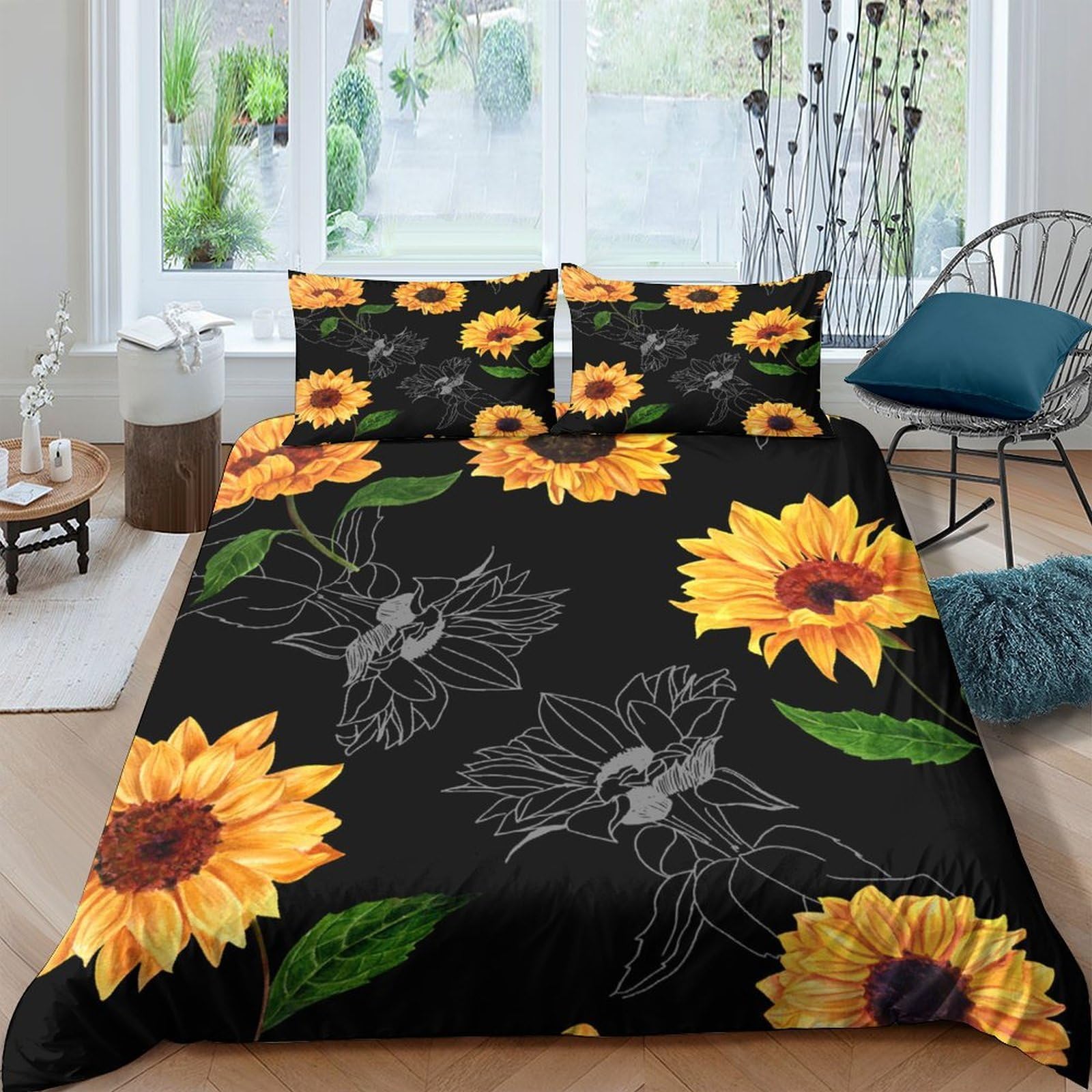 Ctjqhvkz Style-3 3D Printed Sunflower Fitted Sheet Microfiber Soft Black Floral Bed Sheet For Bedroom Dorm Mattress Protection Decor Single（135X200cm）
