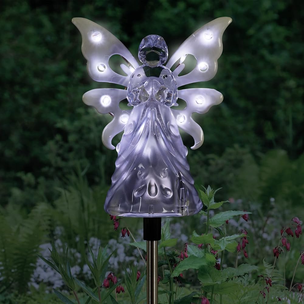 Garden Solar Lights, Decorative Angel Garden Stake, 12 LEDs, Cute Yard and Pathway Decor, White, 4 x 34 Inch
