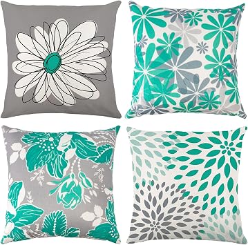Baidast Teal Decorative Throw Pillow Covers 20x20 Set of 4, Teal and Grey Modern Daisy Floral Pillows Linen Pillow Covers for Couch Sofa Living Room