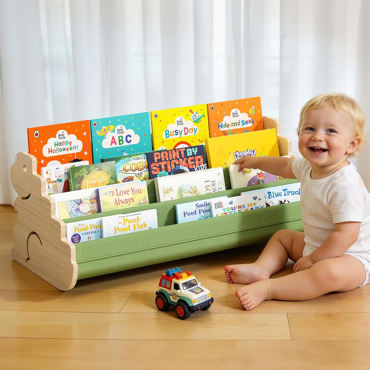 LAMU Kids Bookshelf, 4 Tier Solid Pine Wood Toddler Bookshelf, Book Shelf for Kids Rooms, Portable Montessori Bookcase, Childrens Book Storage Display for Baby's Bedroom Nursery Playroom (Dinosaur)