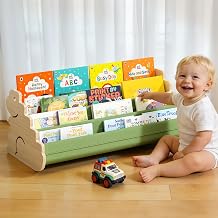 LAMU Kids Bookshelf, 4 Tier Solid Pine Wood Toddler Bookshelf, Book Shelf for Kids Rooms, Portable Montessori Bookcase, Childrens Book Storage Display for Babys Bedroom Nursery Playroom Dinosaur