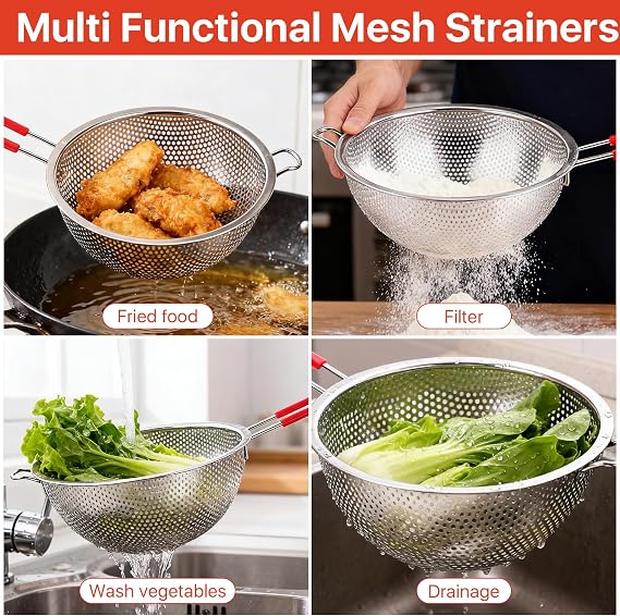 Stainless Steel Colander Set of 3, Perforated Strainer with Silicone Grip