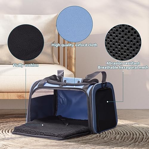 Vista 3 de PETSFIT Transportador de mascotas, transportador de perros aprobado por aerolíneas, plegable de lados suaves, aprobado por la TSA para gatos Azul