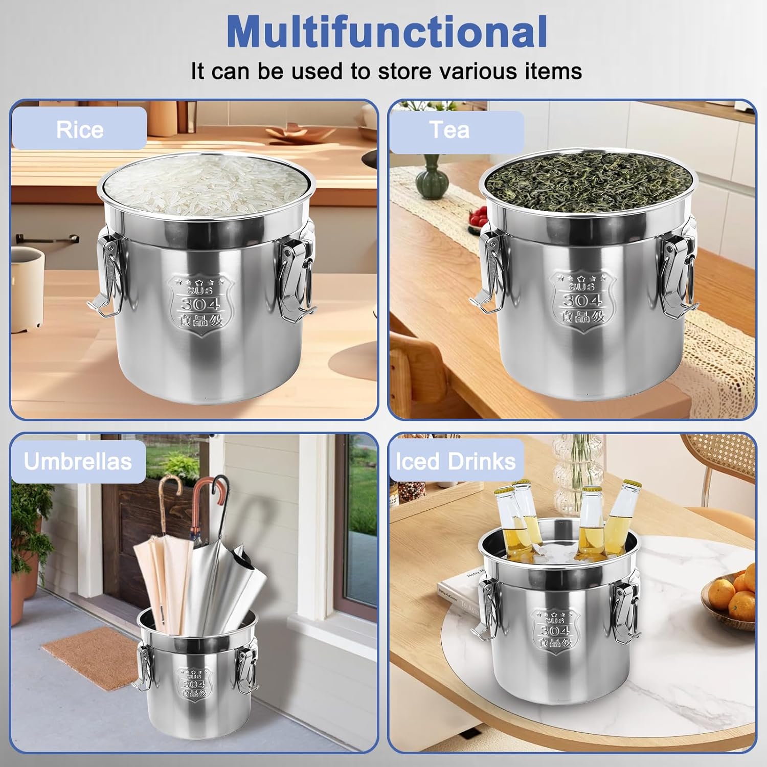 12L 304 Stainless Steel Airtight Canister for Kitchen 3.2Gal/405oz 304 stainless steel food storage containers with lids lock clips airtight container for Rice, Flour, Grain