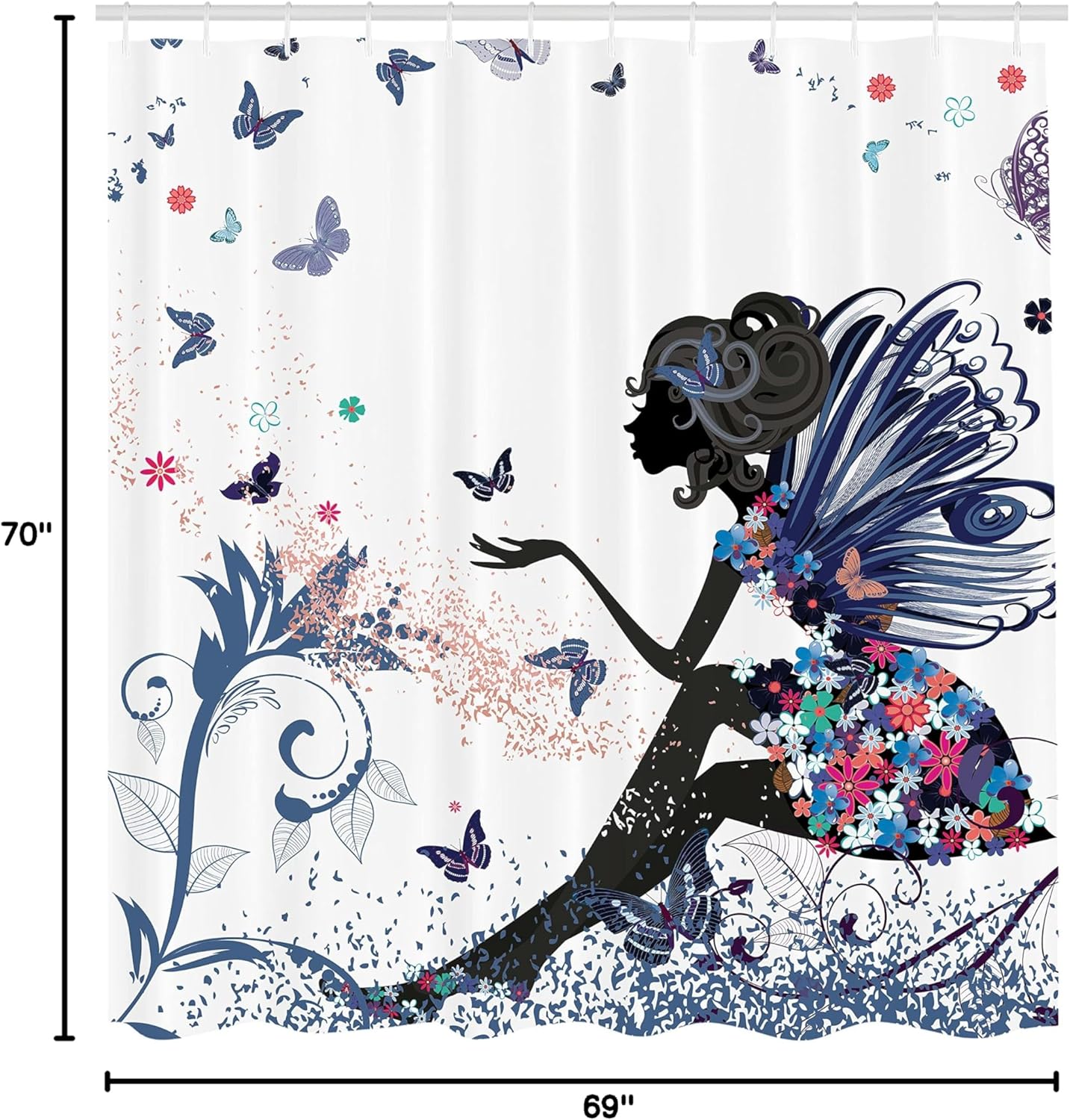 Ambesonne Fantasy Shower Curtain, Spring Girl Wings in a Floral Dress Surreal Garden Butterflies Print, Cloth Fabric Bathroom Decor Set with Hooks, 69" W x 70" L, Navy Blue
