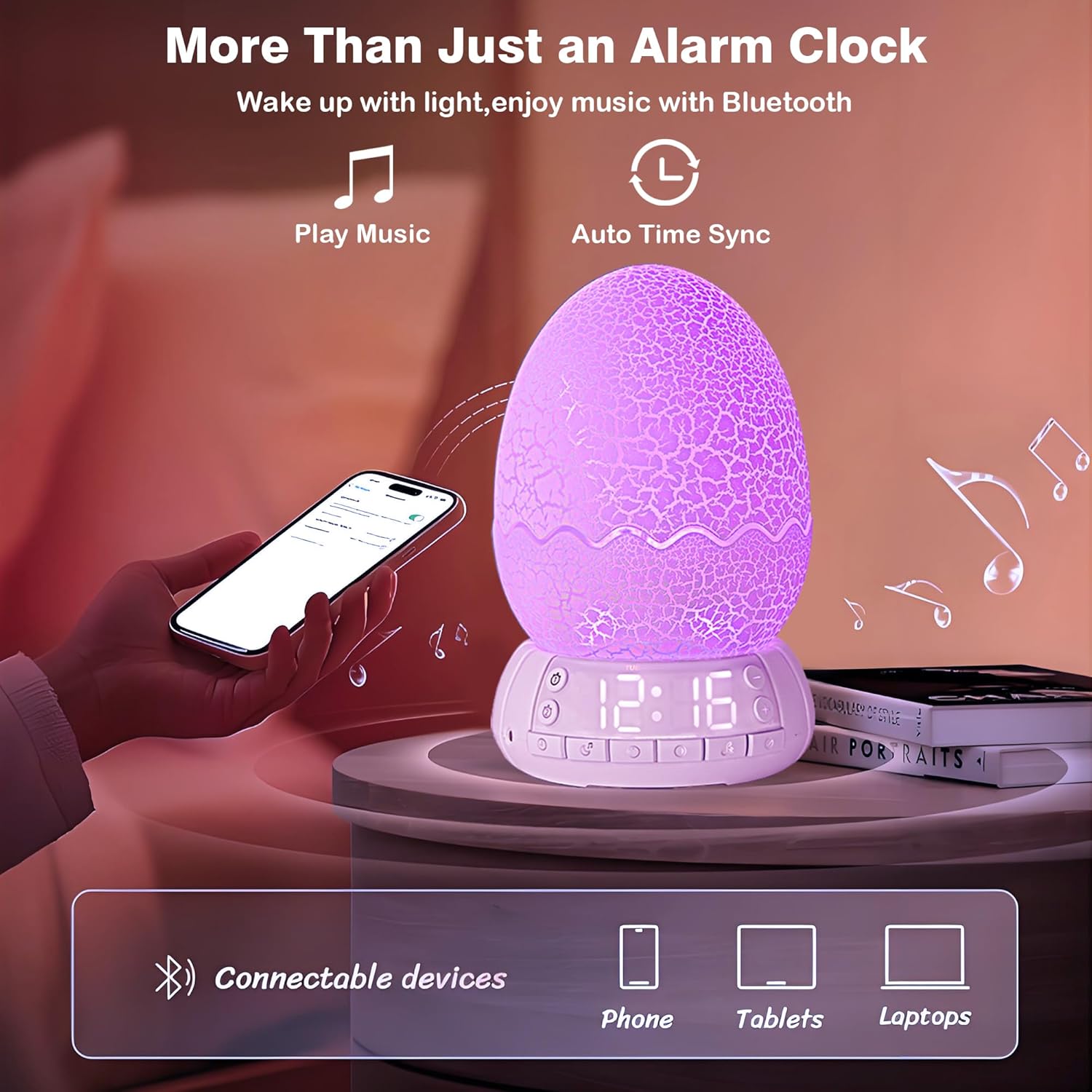 Alarm Clock with Sunrise Simulation Wake Up Egg Light, Portable Touch Control Night Light with Dinosaur Pattern inside,20 Soothing Sound Timer for Sleep Aid, Bluetooth Speaker(2th Generation)