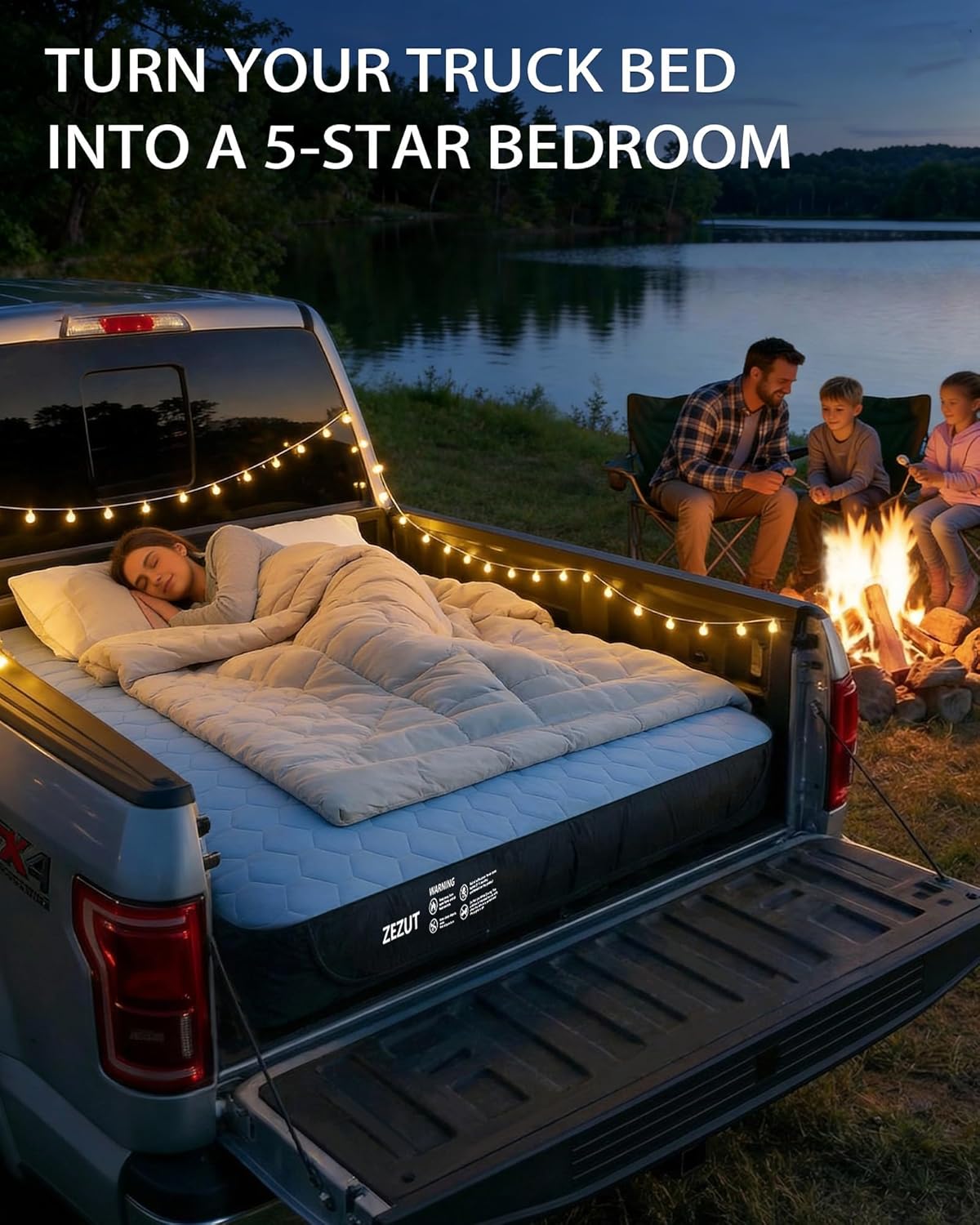 Truck Bed Air Mattress for 5.5-5.8 ft Full-Size Short Truck Beds, Built-in Rechargeable Pump, Soft Fabric Cover for Comfort & Protection, Carry Bag & Repair Kit, for Camping Travel